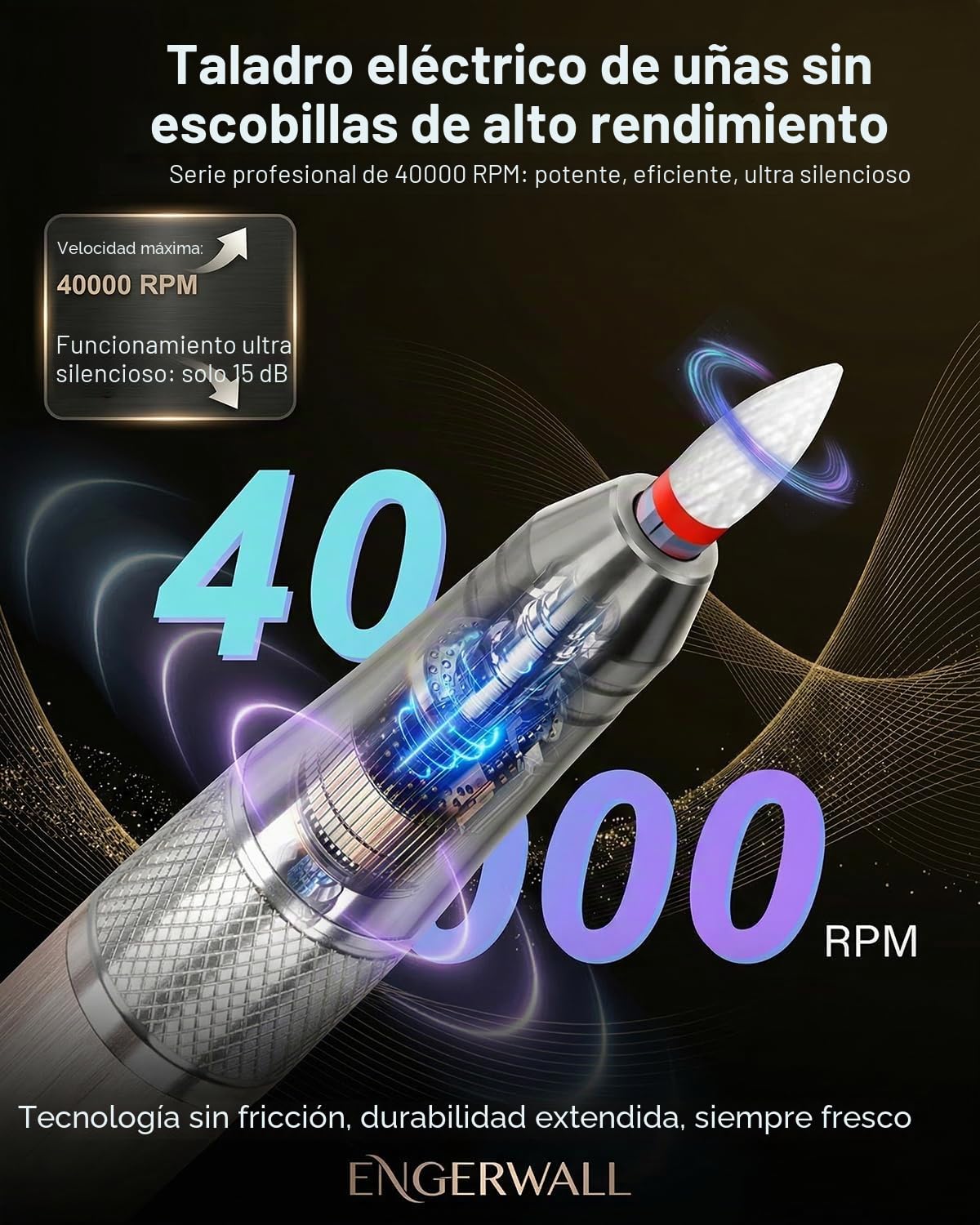 Torno para Uñas Profesional con Motor Brushless 40000 RPM, Autonomía 24H Lima Eléctrica Inalámbrica para Uñas Gel y Acrílico, Pantalla Táctil HD, Kit 13-en-1, Oro Rosa Cepillado | Motor Brushless, 40000 RPM, Autonomía 24H, Aleación de Aluminio, Pantalla T