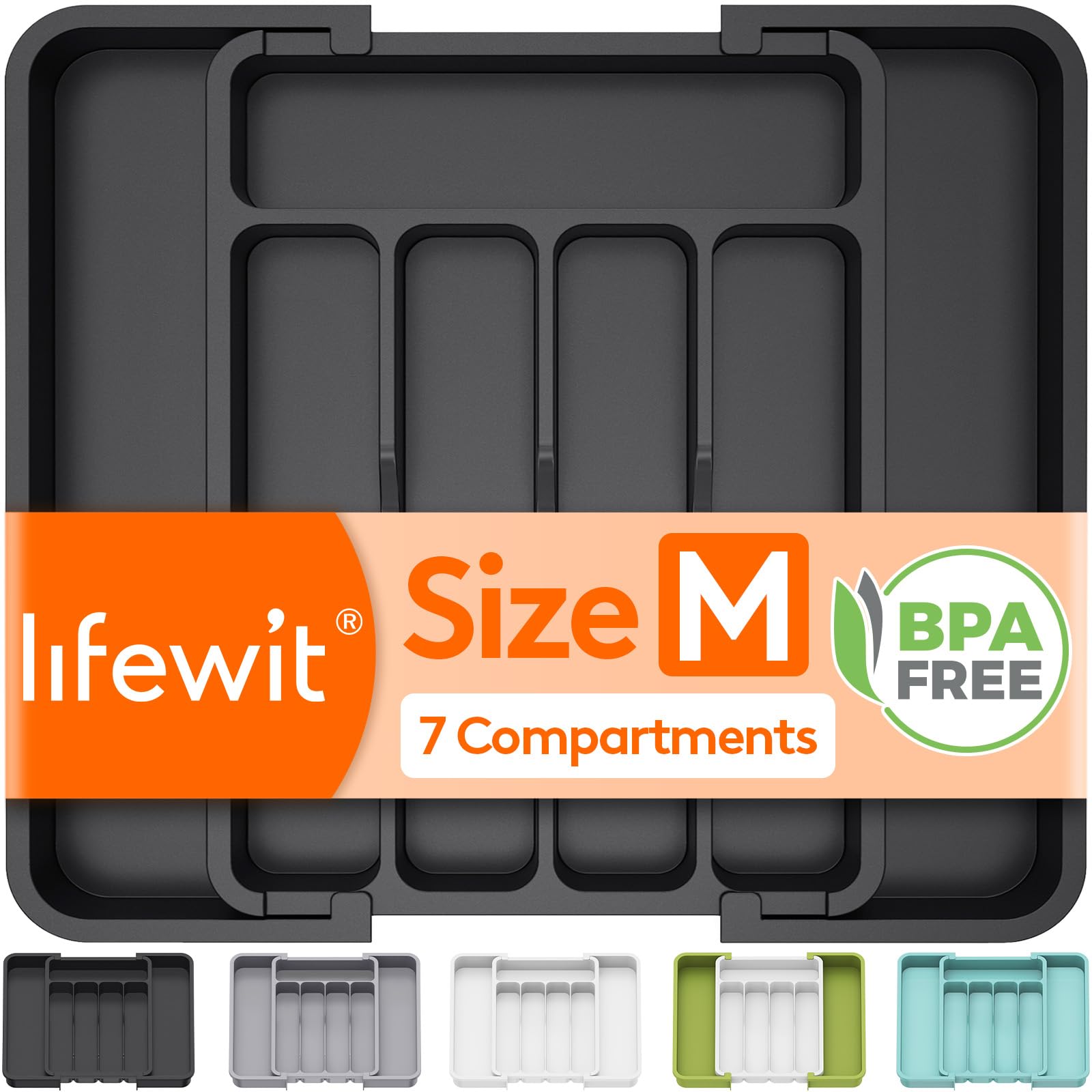 Lifewit Silverware Expandable Drawer Organizer, BPA Free Kitchen Tray for Kitchen, Adjustable Flatware and Cutlery Holder for Spoons, Forks, Knives, Plastic Kitchen Organizer Storage, Black