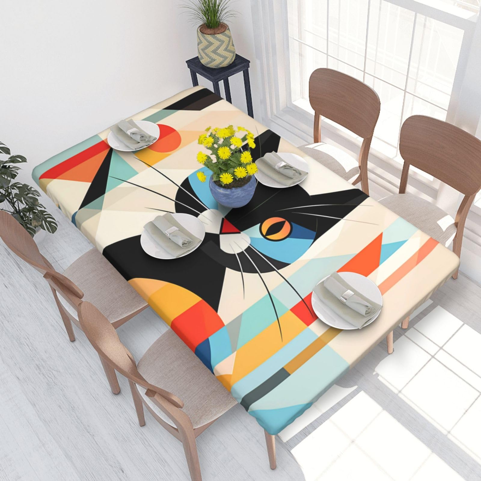 Mid-Century Modern Art Cat Waterproof Square Table Cover Elastic Fitted Tablecloth Oil Proof Table Protector For 4ft Table