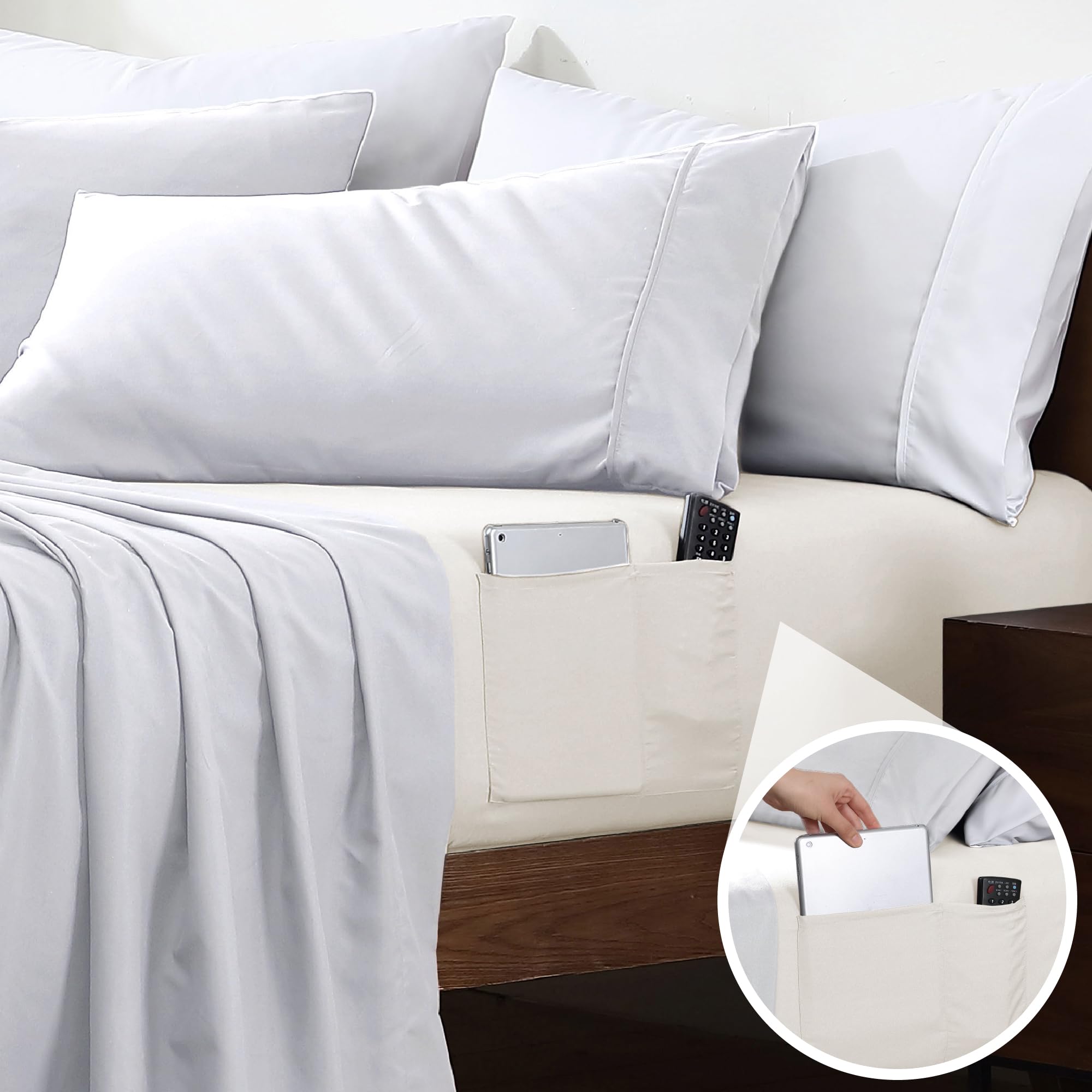 Cathay Home King Double-Sided Organizer Pocket Fitted Smart Sheet - Double Brushed Ultra Soft – Wrinkle & Fade Resistant - 14" Deep Pocket Fitted Sheet (Coconut Milk, King)