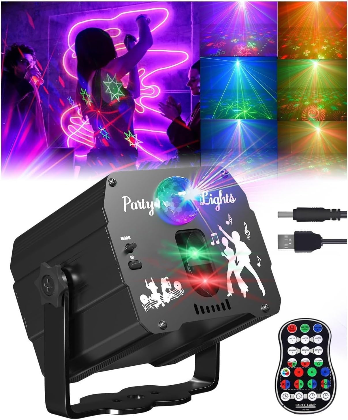 DJ Disco Party Lights, Sound Activated Stage Effect Strobe Light for Kids Home Birthday Wedding Karaoke KTV Parties Indoor Projector, 90 Patterns with Control
