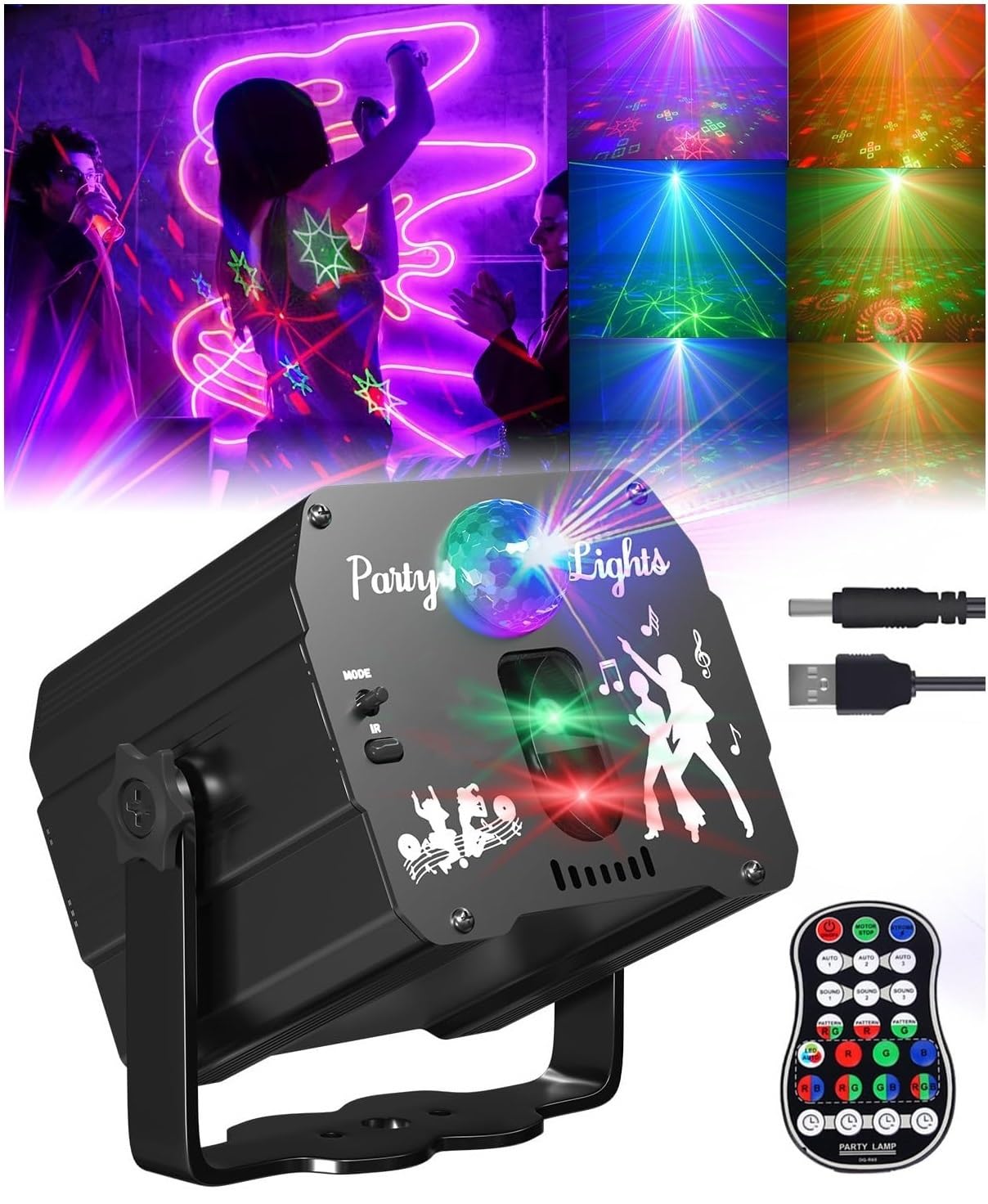 DJ Disco Party Lights, Sound Activated Stage Effect Strobe Light for Kids Home Birthday Wedding Karaoke KTV Parties Indoor Projector, 90 Patterns with Control
