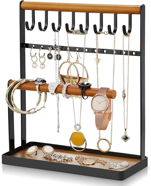 Jewelry Organizer Display Stand, 4-Tier Jewelry Holder StandNecklace Hanging Holder with Large Capacity Ring Tray for Storage Bracelets, Earrings, Rings, Watches