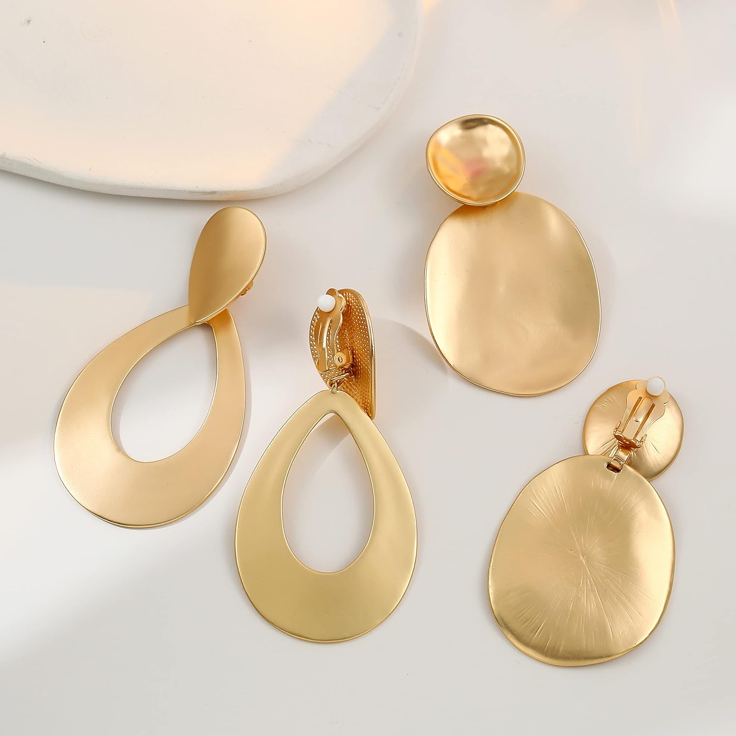 Matte Gold Silver Hammered Discs Clip On Earrings for Women Big Round Disc Dangle Clip Earrings for Women Girls - Image 4