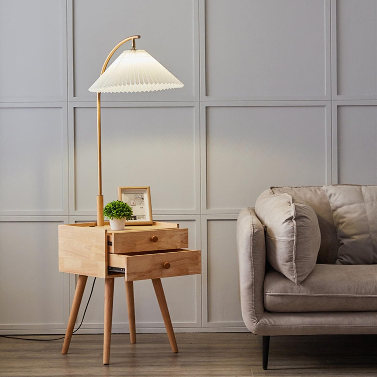 lampa podłogowa Kwadratowa szafka nocna LED Smart z bezprzewodową stacją ładującą i portem ładowania USB, nowoczesny mały stolik nocny z 2 drewnianymi szufladami do sypialni do salonu(Brown)