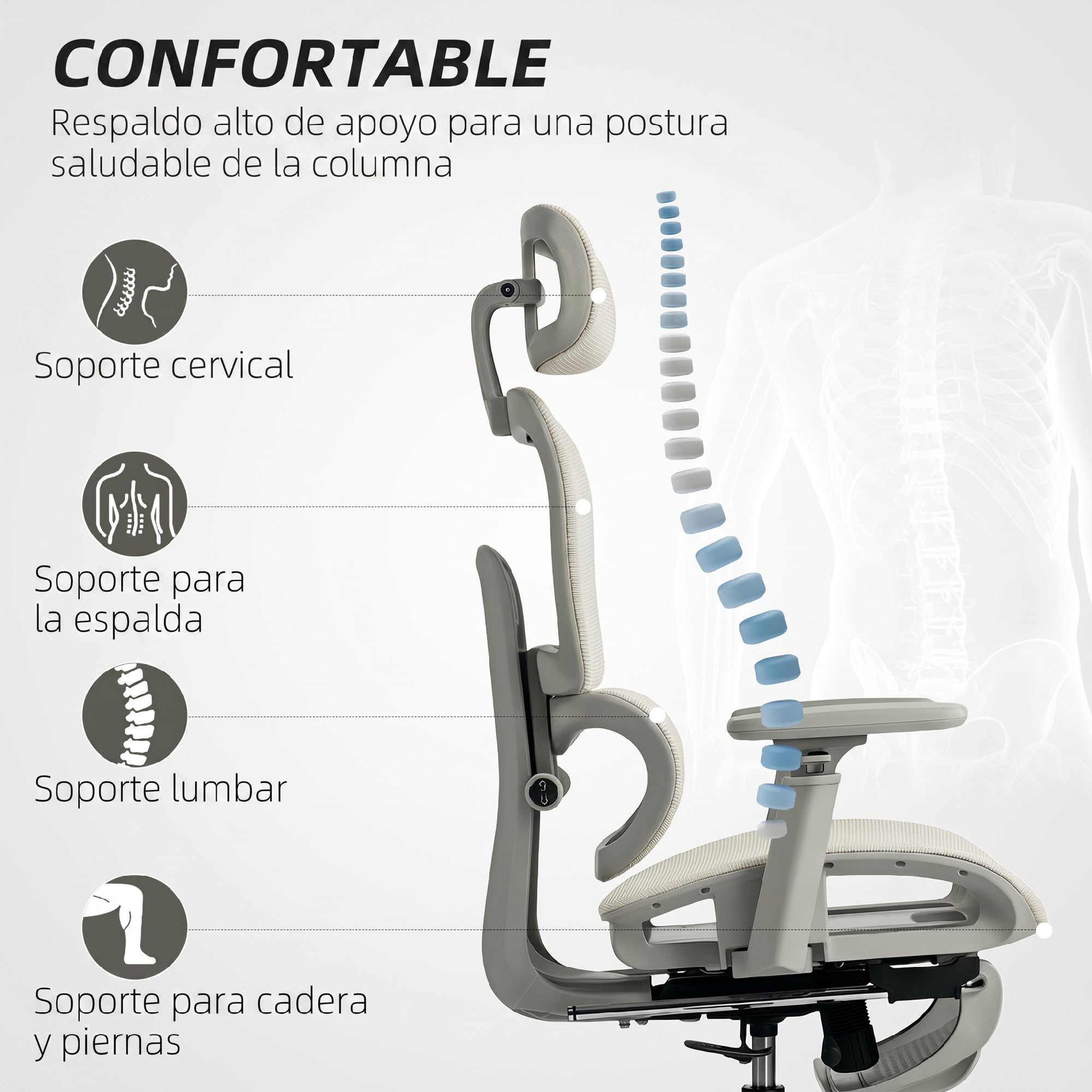 HOMCOM Silla de Oficina Ergonómica de Malla con Reposabrazos 3D Beige | Silla de Escritorio,Reclinable a 135°,Reposacabezas Ajustable,Respaldo Alto,Soporte Lumbar,Reposapiés,Altura Ajustable
