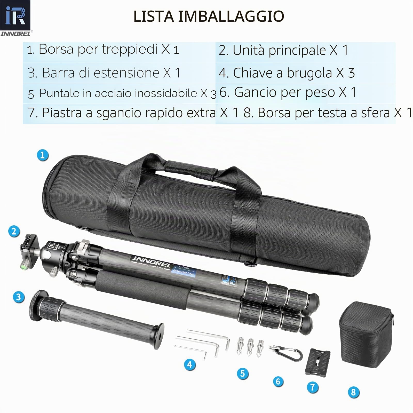 Treppiede in fibra di carbonio INNOREL CT85C Treppiede compatto professionale Supporto fotocamera pesante per videocamera DSLR con testa a sfera a bassa gravità 46mm Carico 25kg con colonna centrale