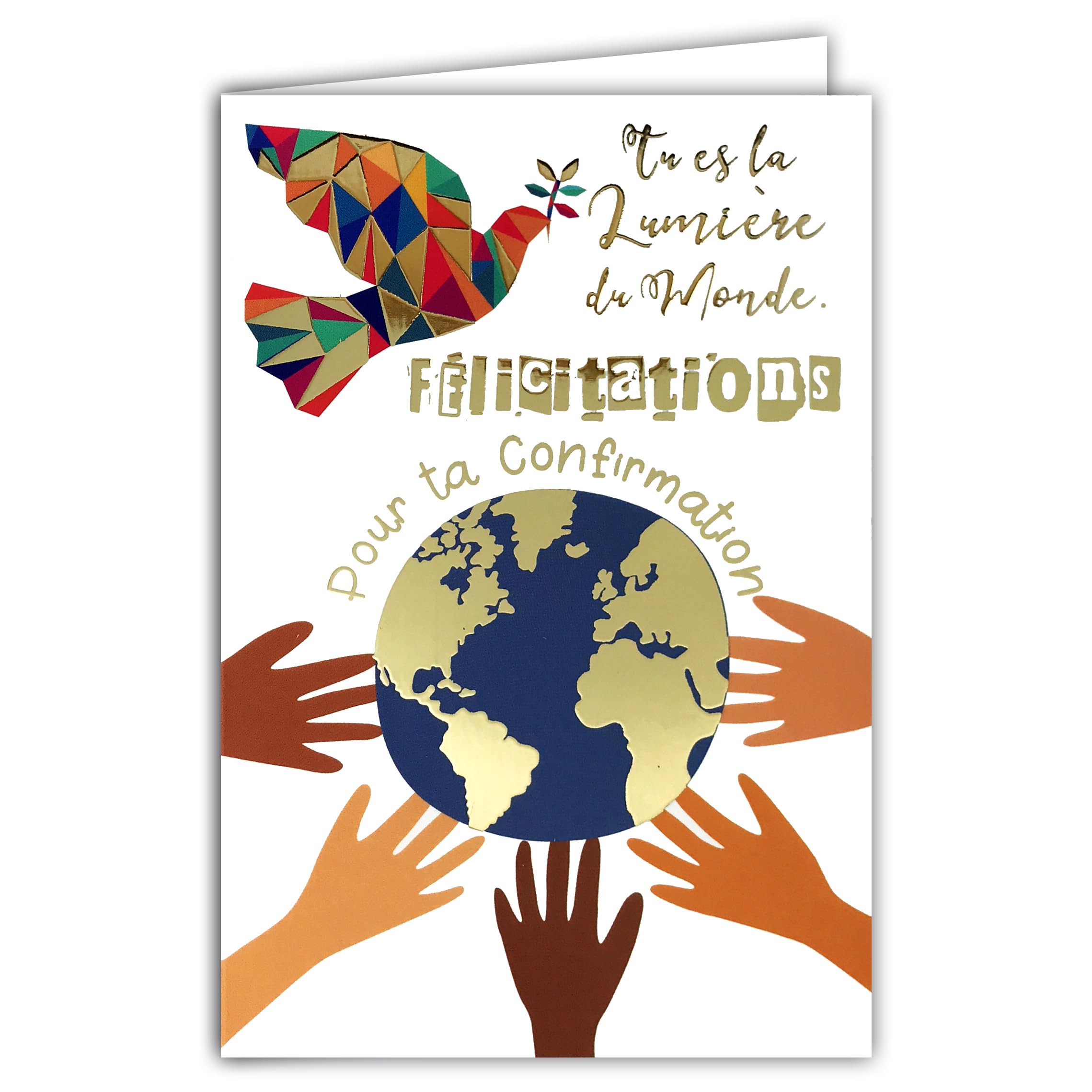 68-6502 Congratulations on Confirmation Card for Men and Women Christian Catholic "You are the Light of the World" Holy Dove of Peace Spirit in Gold with Envelope 12 x 17.5 cm Made in France