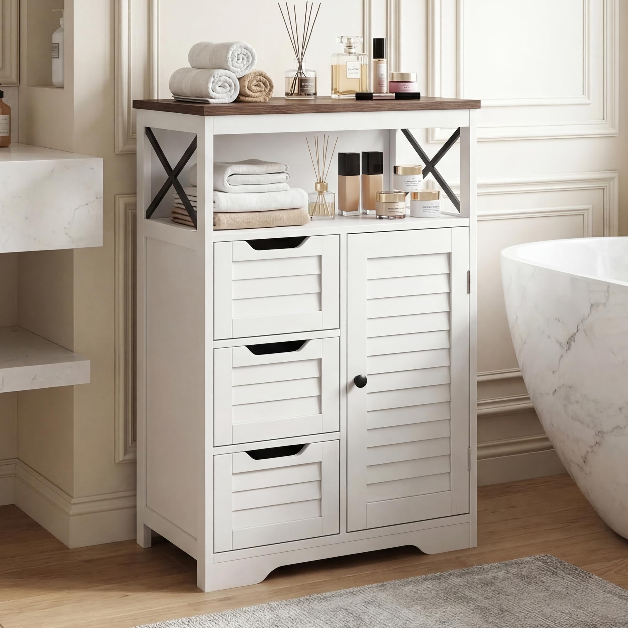 BonVache Küchenschrank mit 3 Schubladen, Jalousiestil, Aufbewahrungsschrank mit Offene Ablagefächer, Verstellbare Ablage, für Küche, Flur, Badezimmer, Wohnzimmer, 56 x 30 x 87cm, Weiß