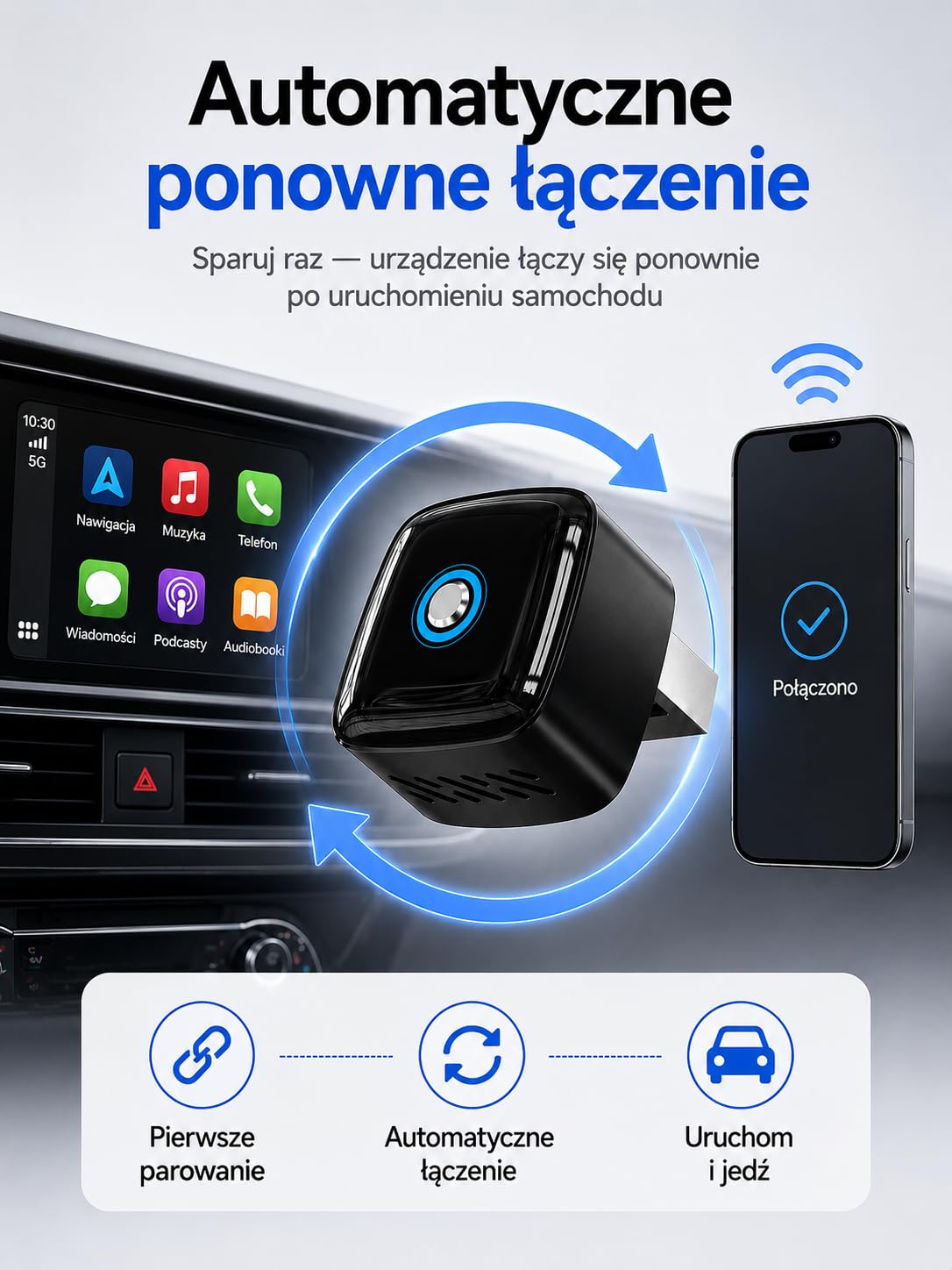 Bezprzewodowy Adapter CarPlay i Android Auto 2 w 1, pamięć dwóch telefonów, szybkie przełączanie, Plug & Play USB-A/USB-C, 5.8GHz WiFi, OTA, Czarny