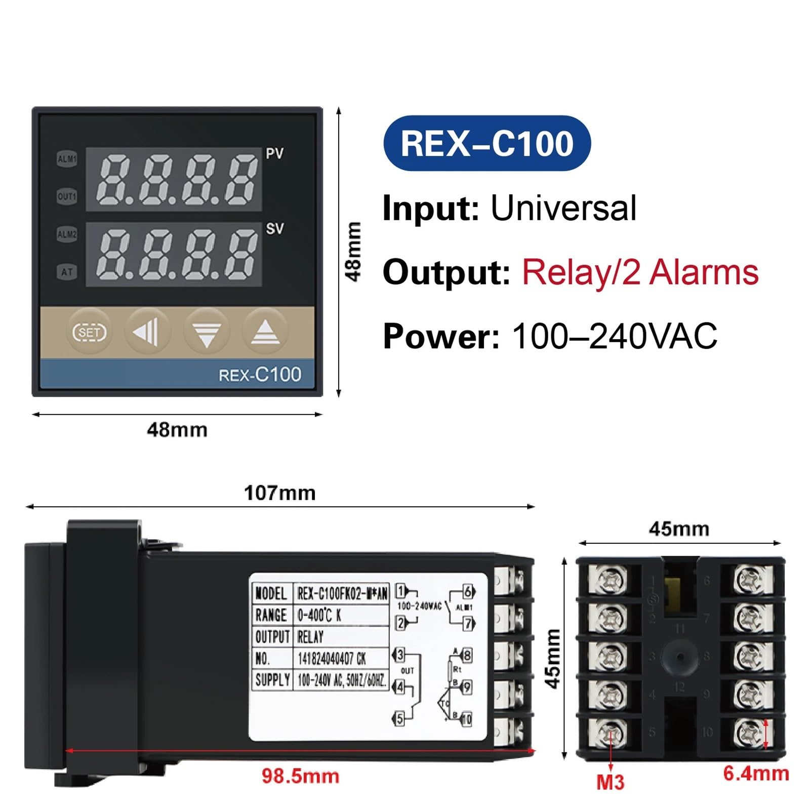 Controlador de temperatura PID digital REX-C100, salida de relé de estado sólido, instrumento de termostato industrial(Gold)