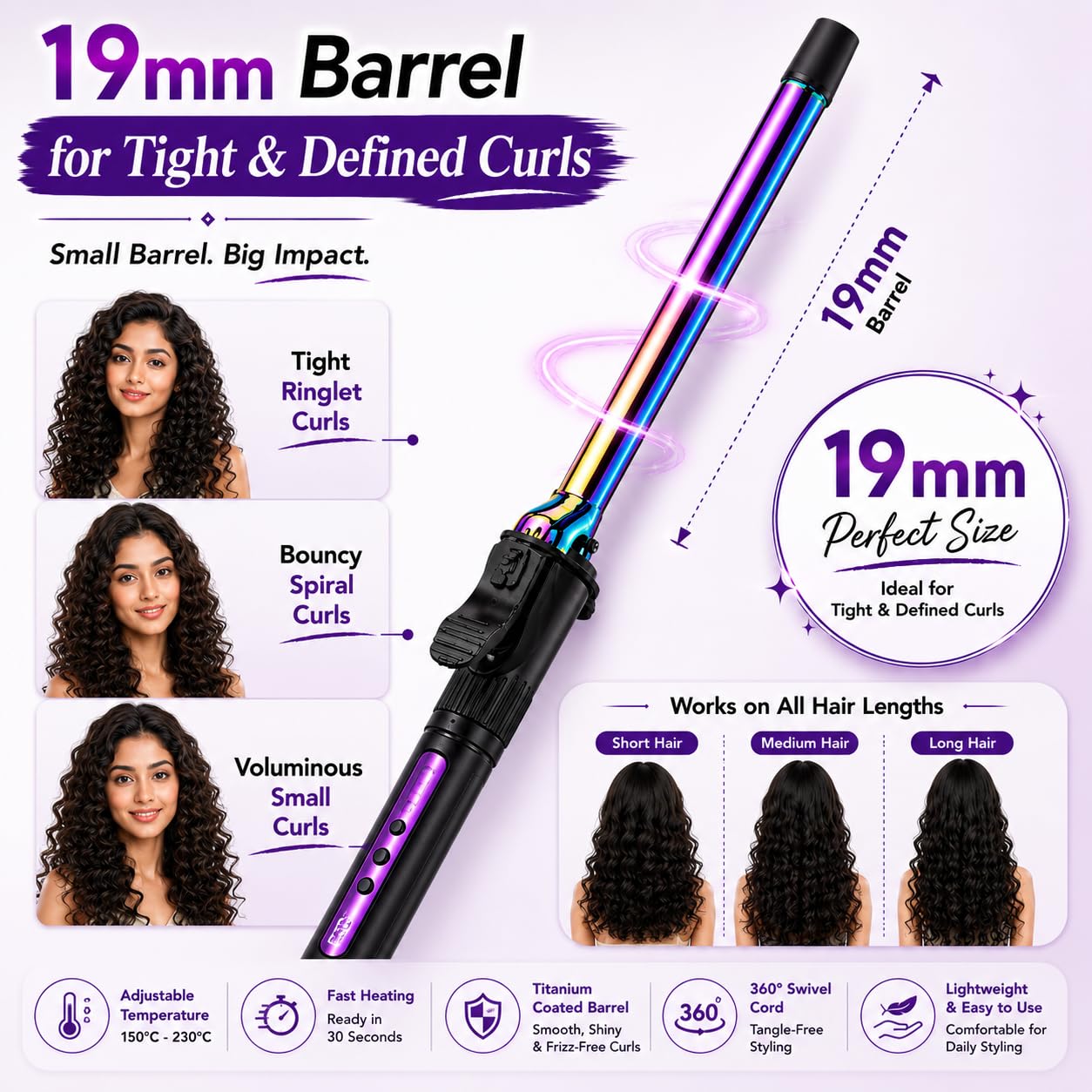 K2P Professional 19mm Titanium Hair Curler for Women | Adjustable Temperature 150°C–230°C | Fast Heating Curling Iron in 30 Seconds | Long-Lasting Frizz-Free Salon Curls 1