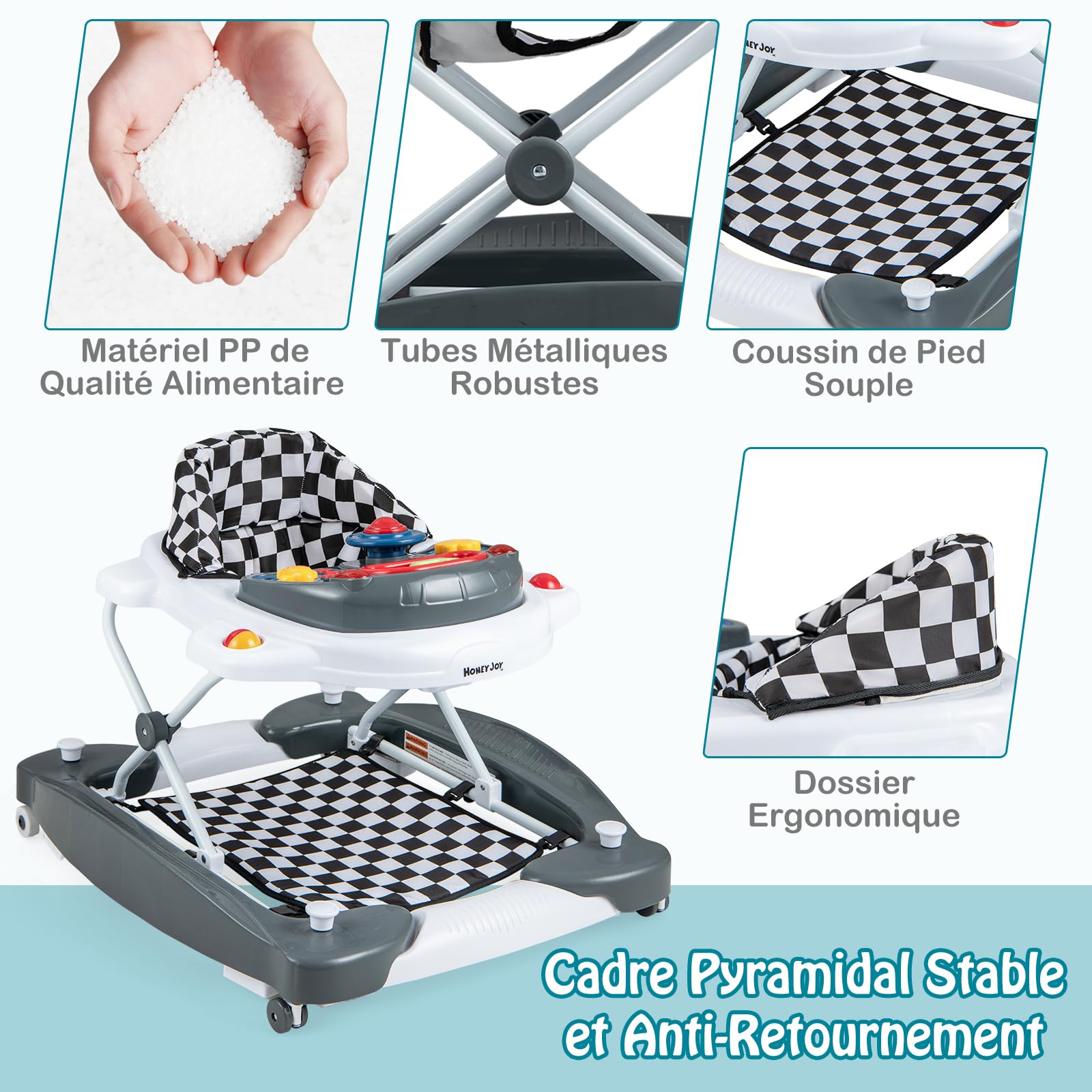 GOPLUS Trotteur Bébé Garçon Fille Evolutif 6 en 1, Trotteur Marche Bebe Pliable avec 3 Hauteur Réglable, Lumières, Musique, Plateau d’Activités Amovible, Charge 12KG, pour 6+ Mois (Gris)