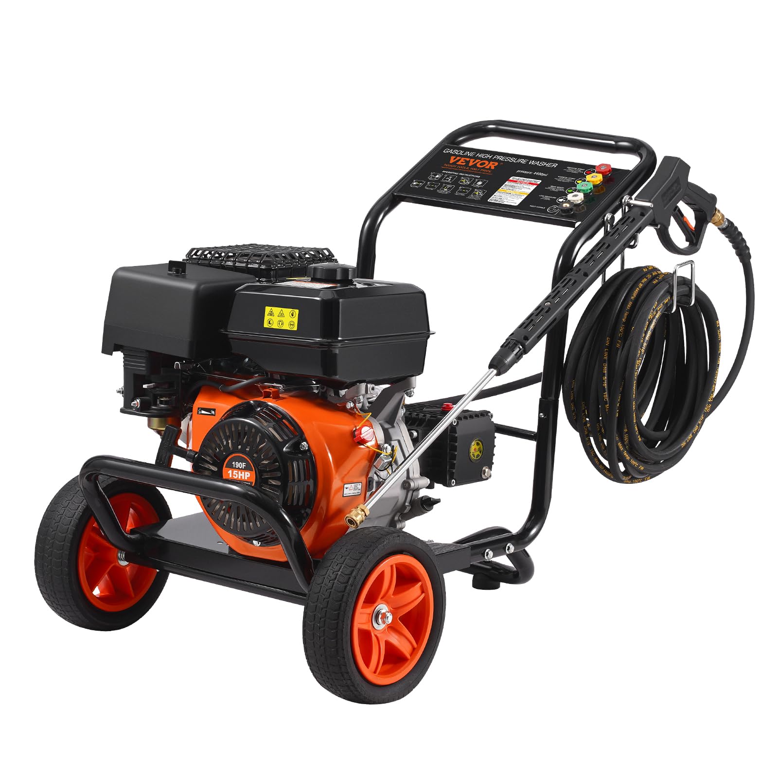 VEVOR Lavadora de Alta Presión a Gas 4400 PSI Limpiador de Alta Presión 15 L/min con Bomba de Cobre, Pistola Rociadora, Varilla de Extensión, 5 Boquillas para Casas, Vehículos, Patios