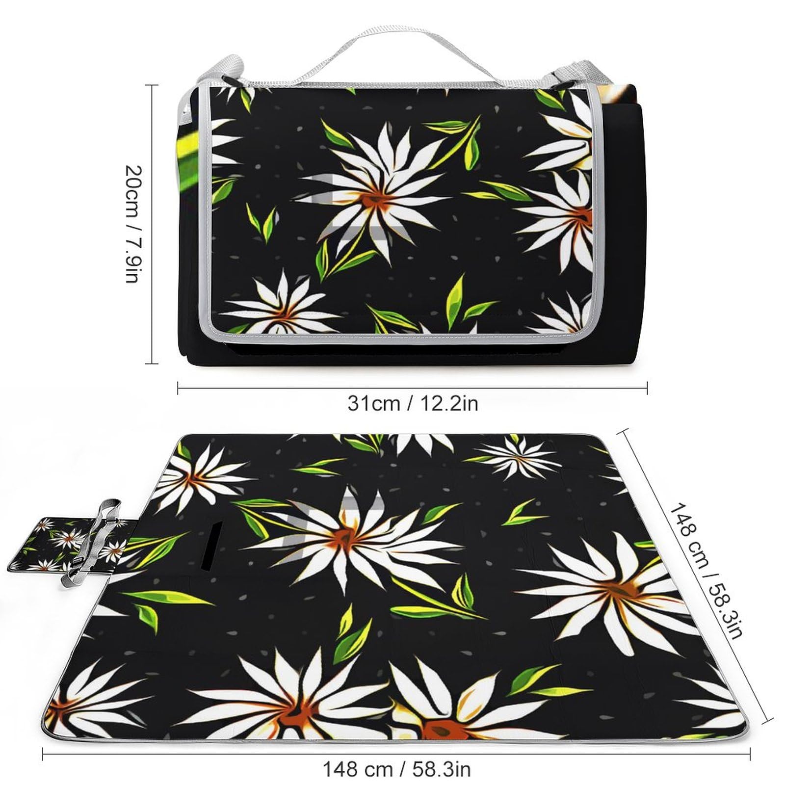 White Flower Pattern Picnic Blanket Waterproof Foldable, Large Outdoor Picnic Blanket Beach Blankets Camping Blanket Travel Mat, Shoulder Strap Tote, Rectangle 58x58in