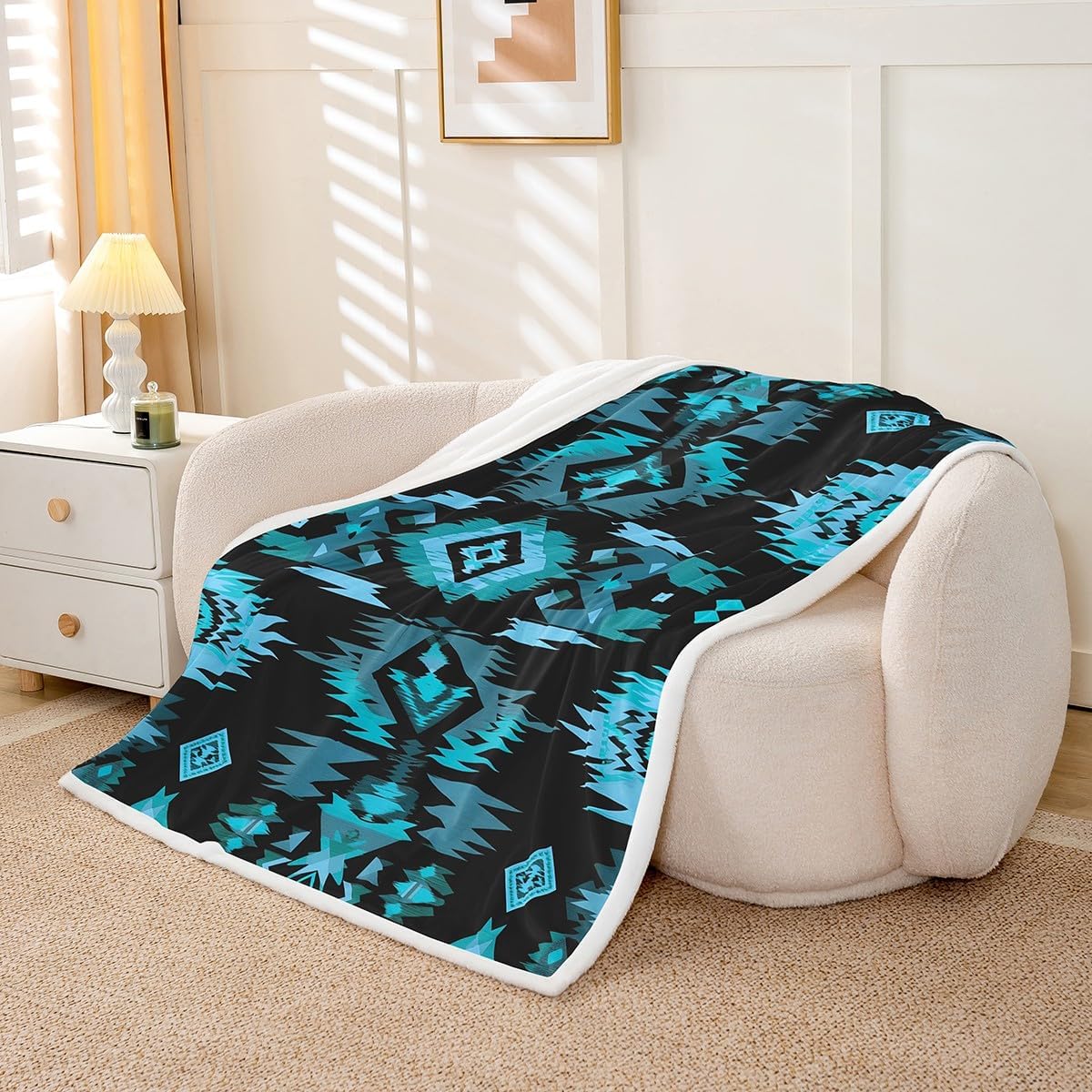 Feelyou Blue Black Southwestern Sherpa Blanket,Tribal Native American Indian Fleece Throw Blanket,Kids Room Decor,Exotic Style Plush Blanket,Farmhouse Western Fuzzy Blanket for Sofa Bed Couch 90"x90" - Image 3