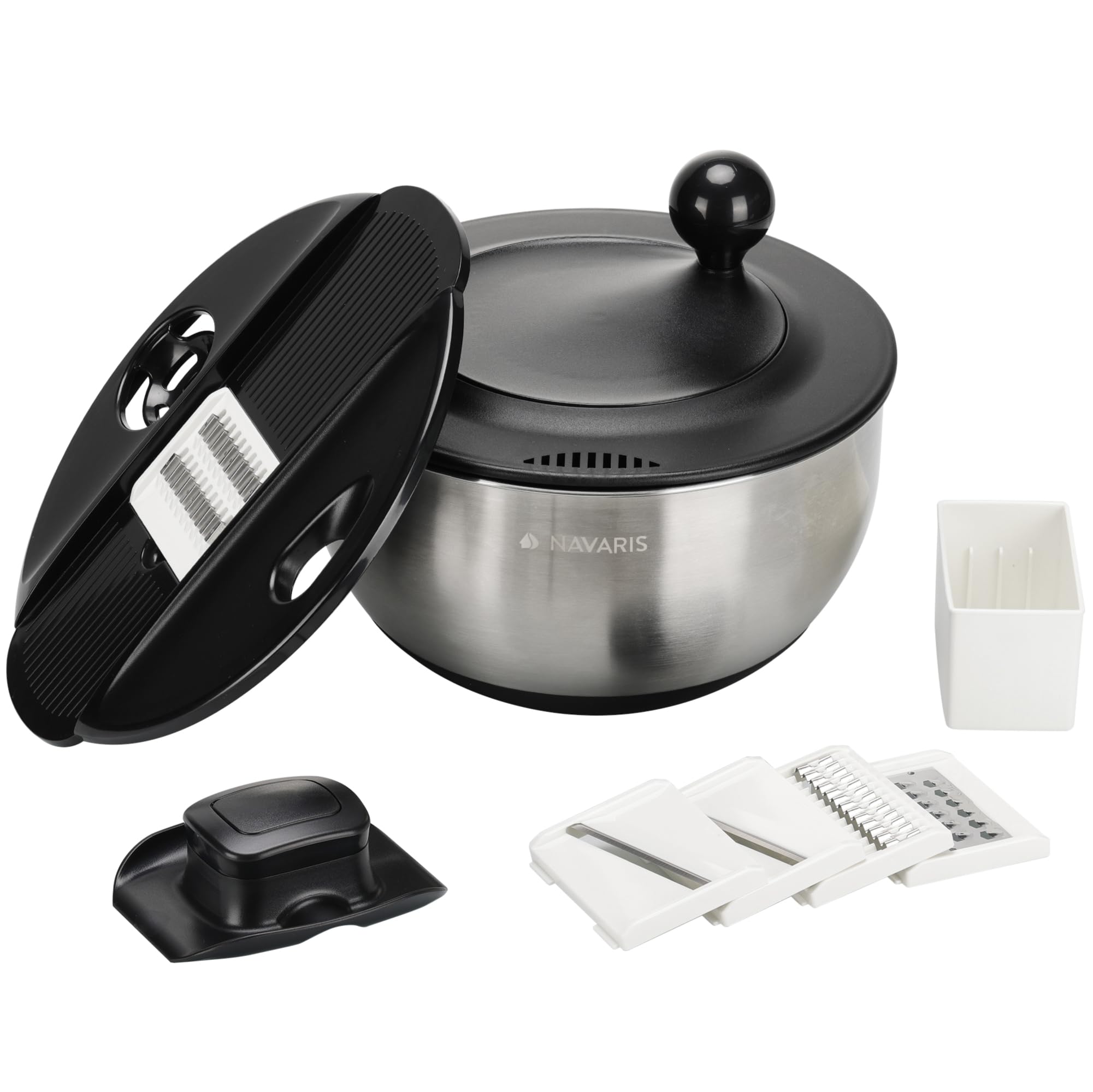 Navaris Escurridor de Ensaladas con Tapa - Escurridor de Ensaladas de Acero Inoxidable - Secador de Ensaladas - Facil de Lavar Secar y Centrifugar - con Rallador y Discos Cortantes