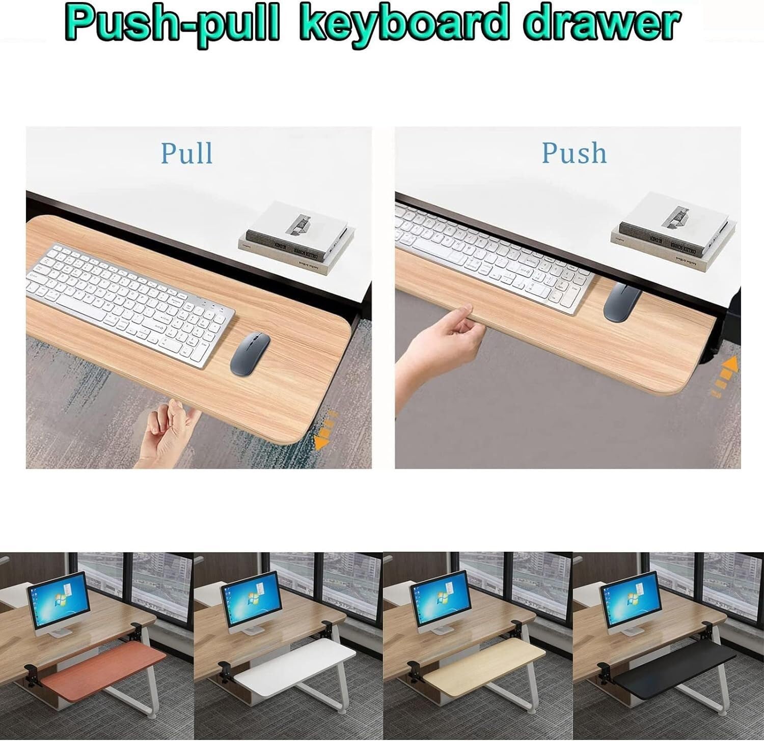 Bandeja para teclado extra ancha ajustable para debajo del escritorio, 520/650/750 mm, se adapta a teclados y ratones de tamaño completo, soporte ergonómico para reposabrazos, diseño deslizante negro
