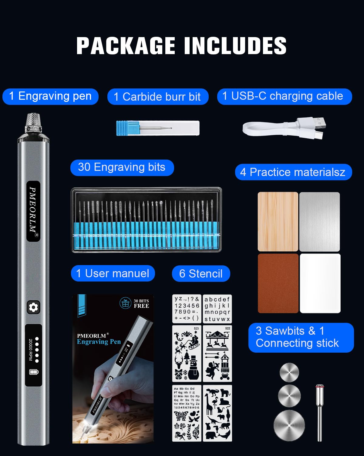 Penna per incisione, penna per incisione elettrica con display LCD, luce LED, 5 velocità, oltre 30 accessori e ricarica rapida USB-C strumento wireless portatile (grigio)