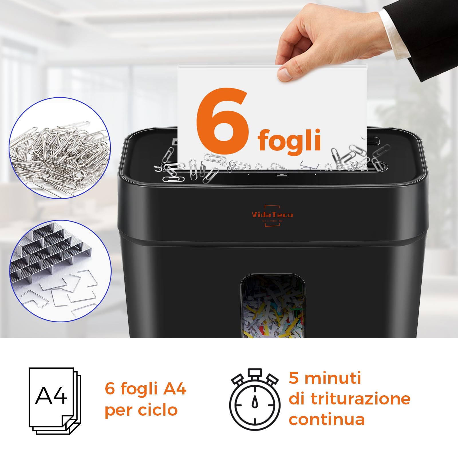 Distruggidocumenti a Taglio Incrociato, Trituratore di Documenti da 6 Fogli, Trituratore per Carta/Carte di Credito per Ufficio Domestico,Sicurezza elevato P-4, CestinoEstraibile da 11,5 l, nero