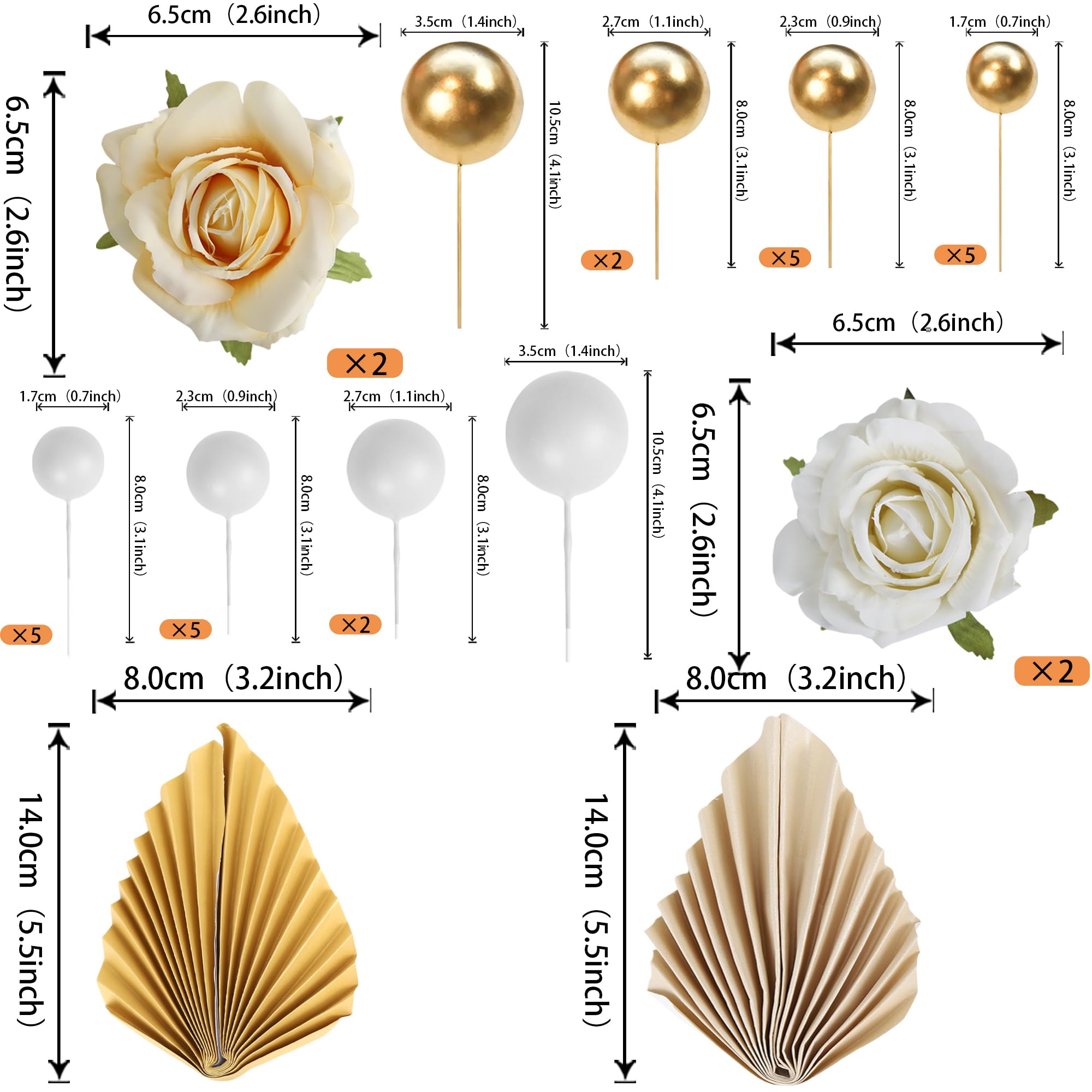 Xsstarmi 34 Pack Champagne Rose Cake Topper Palm Leaves Gold Mini Balls Artificial Flower Cake Pick for Bohemian Boho Wedding Bithday Valentine's Day Party DIY Cake Decorations Supplies - Image 2