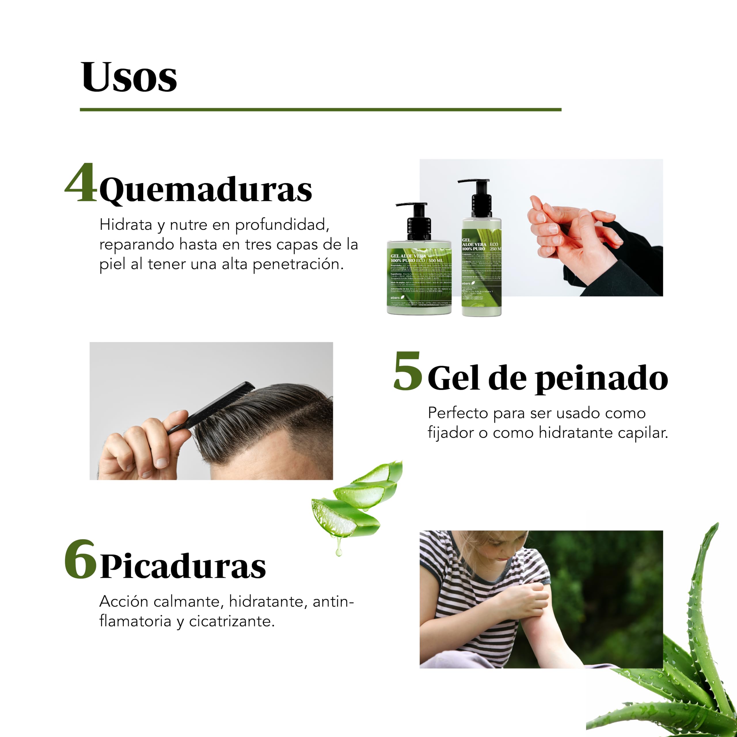 Ebers Aloe Vera Gel 100% Puro 500 Ml con dosificador - Excelente hidratante Rostro y Cuerpo, Aftersun, Depilación y Quemaduras.