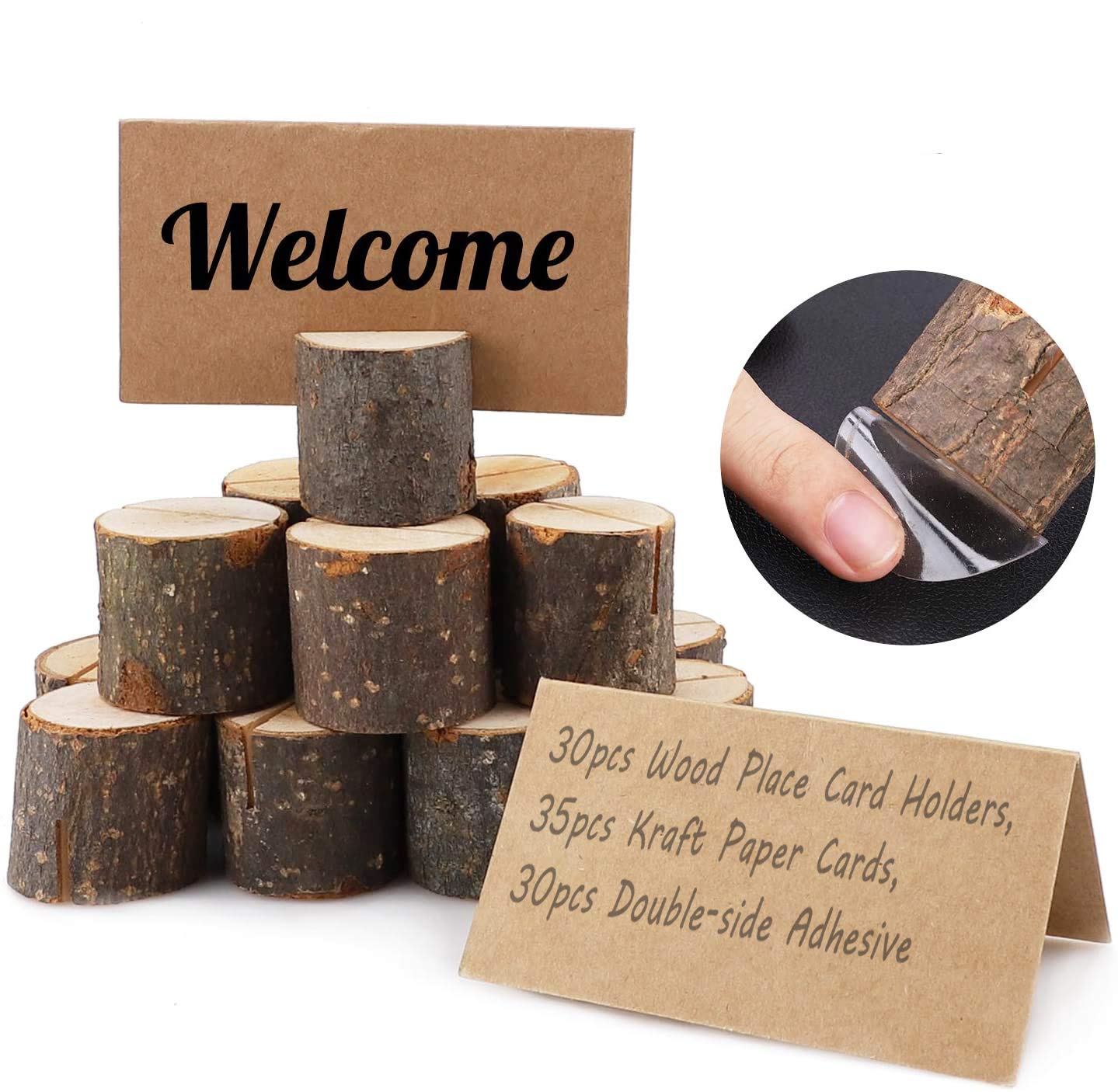 Habbi 30Pcs Wood Place Card Holder, Wooden Label Stand for Wedding Party Decoration and Memo Holder, with 35Pcs Kraft Place Cards and 30Pcs Double-Sided Adhesive