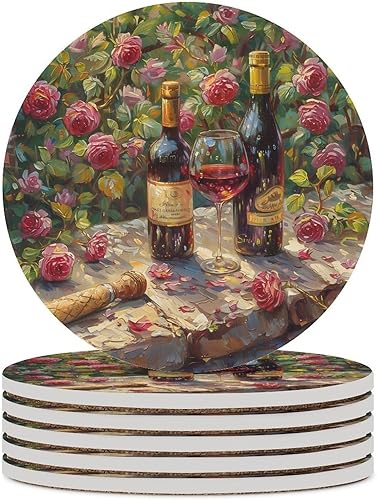 Miniatura 22 de Round-4 posavasos de cerámica para vino tinto, posavasos redondos absorbentes para bebidas, estilo vintage de madera, vino tinto, uvas, frutas y