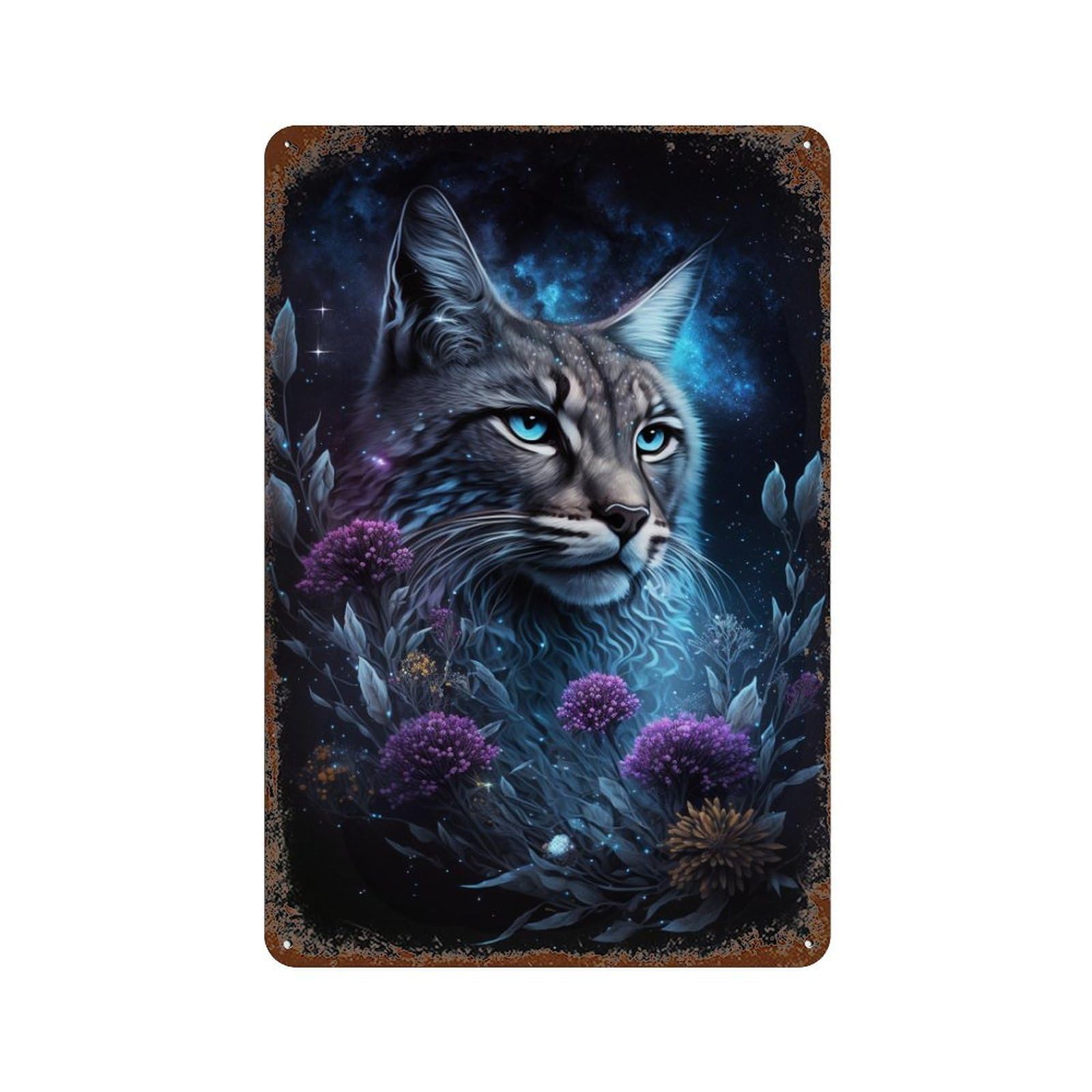 Rust Effect Galactic Lynx Celestial Feline Art Print -1 Aged Metal Wall Plaque 11.8"x7.9", Shabby Chic Decor for Living Room, Hallway And Home Decor