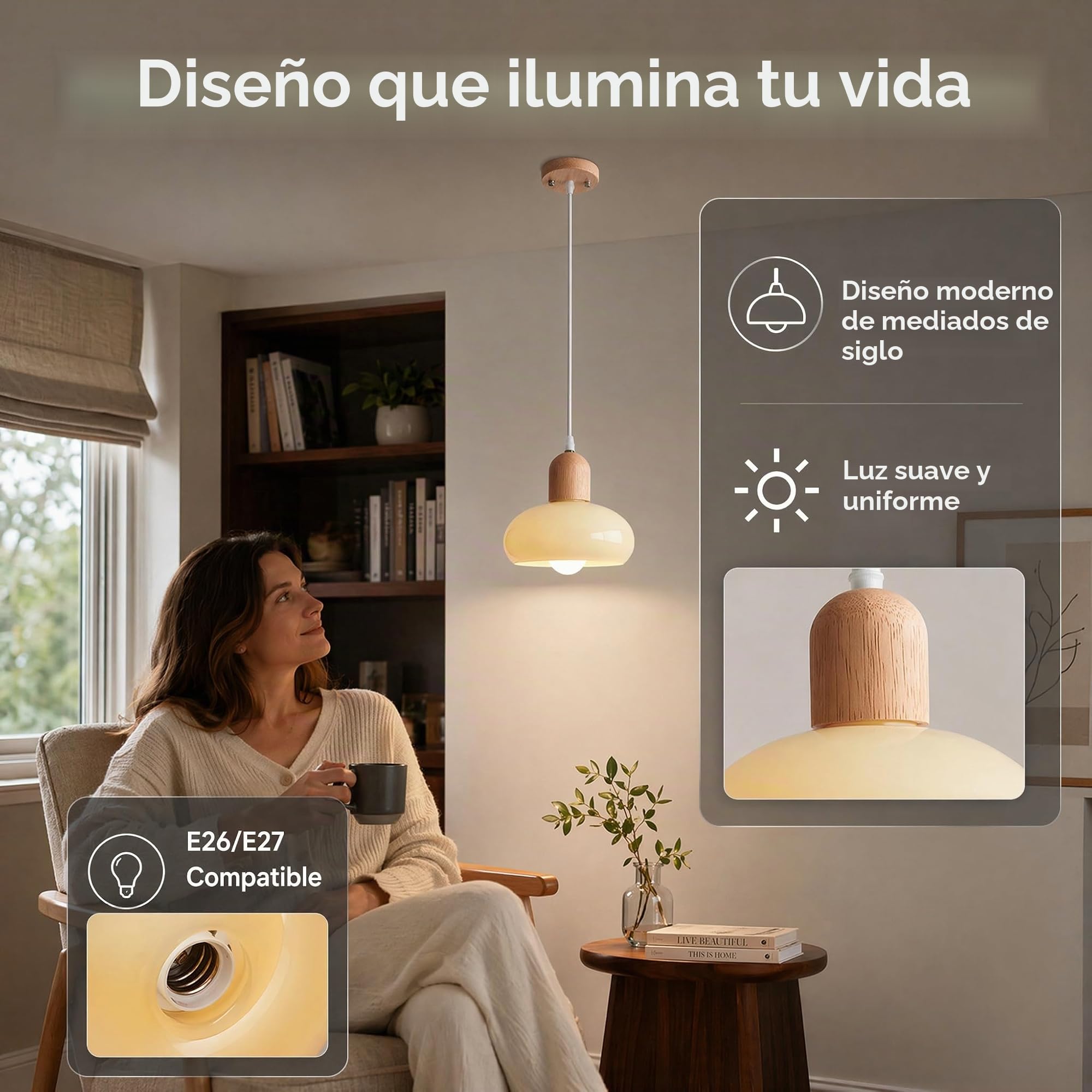 Lámpara Colgante en Vidrio y Madera de Caucho 20cm E27 con Altura Ajustable para Dormitorio, Sala de Estar, Cocina (19cm)