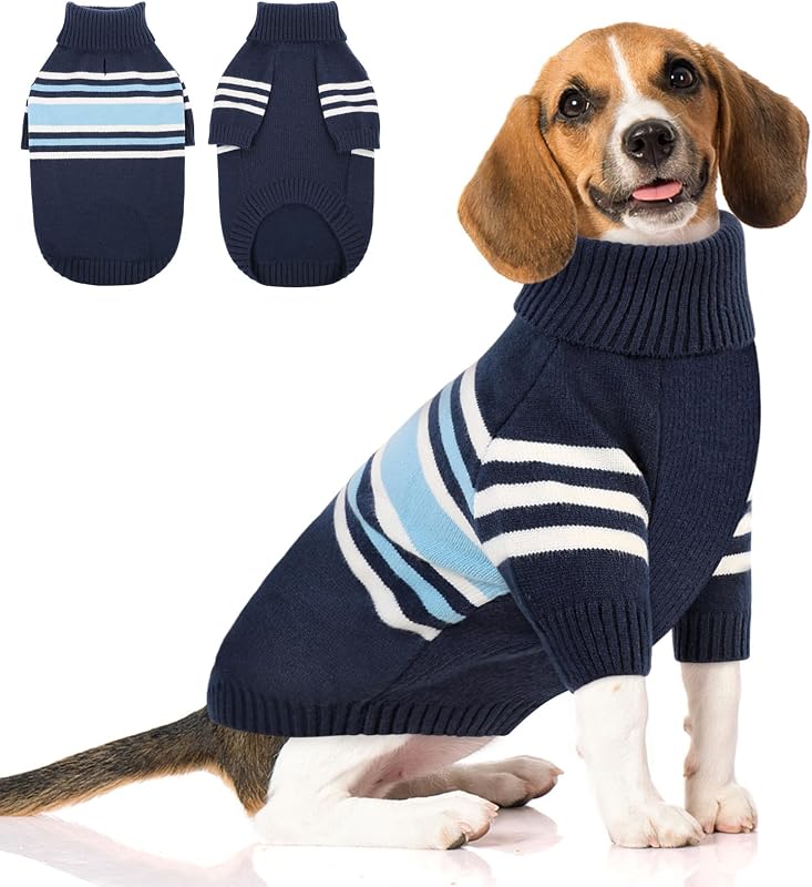 Suéter de Tricô Listrado para Cães Queenmore com Gola Alta e Abertura para Guia Azul-marinho XL