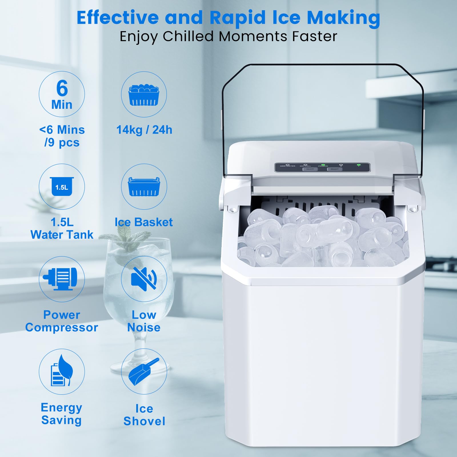 Macchina Ghiaccio,9 Cubetti in 8 Minuti,2 Dimensioni di Ghiaccio,14kg/24h,Macchina Ghiaccio Casa Ice Maker Autopulente con Maniglia/Paletta per Casa/Festa/Cucina/Bar (Bianco)