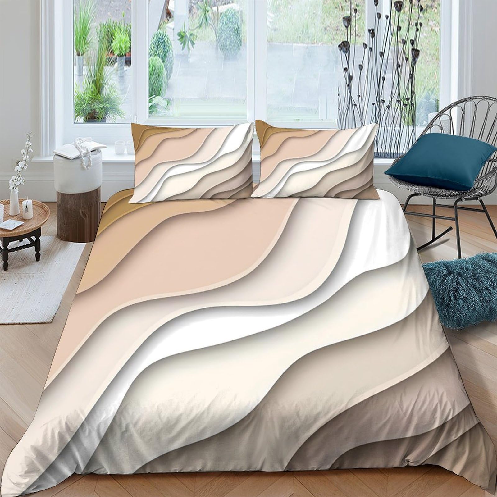 GPLZQXKJNH 3D Printed Beige Wave Pattern Duvet Cover Set Microfiber Soft Breathable Layered Sand Quilt Cover with 2 Pillowcases for Bedroom Decor Single（135x200cm）