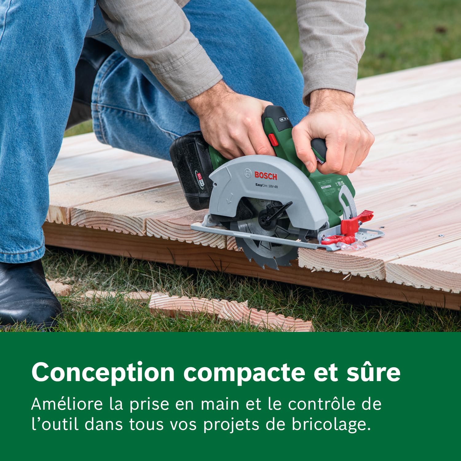 Bosch 18V System scie circulaire sans fil EasyCirc 18V-48 (découpe de bois et dérivés jusqu’à 48 mm ; avec adaptateur d’aspiration, butée parallèle)