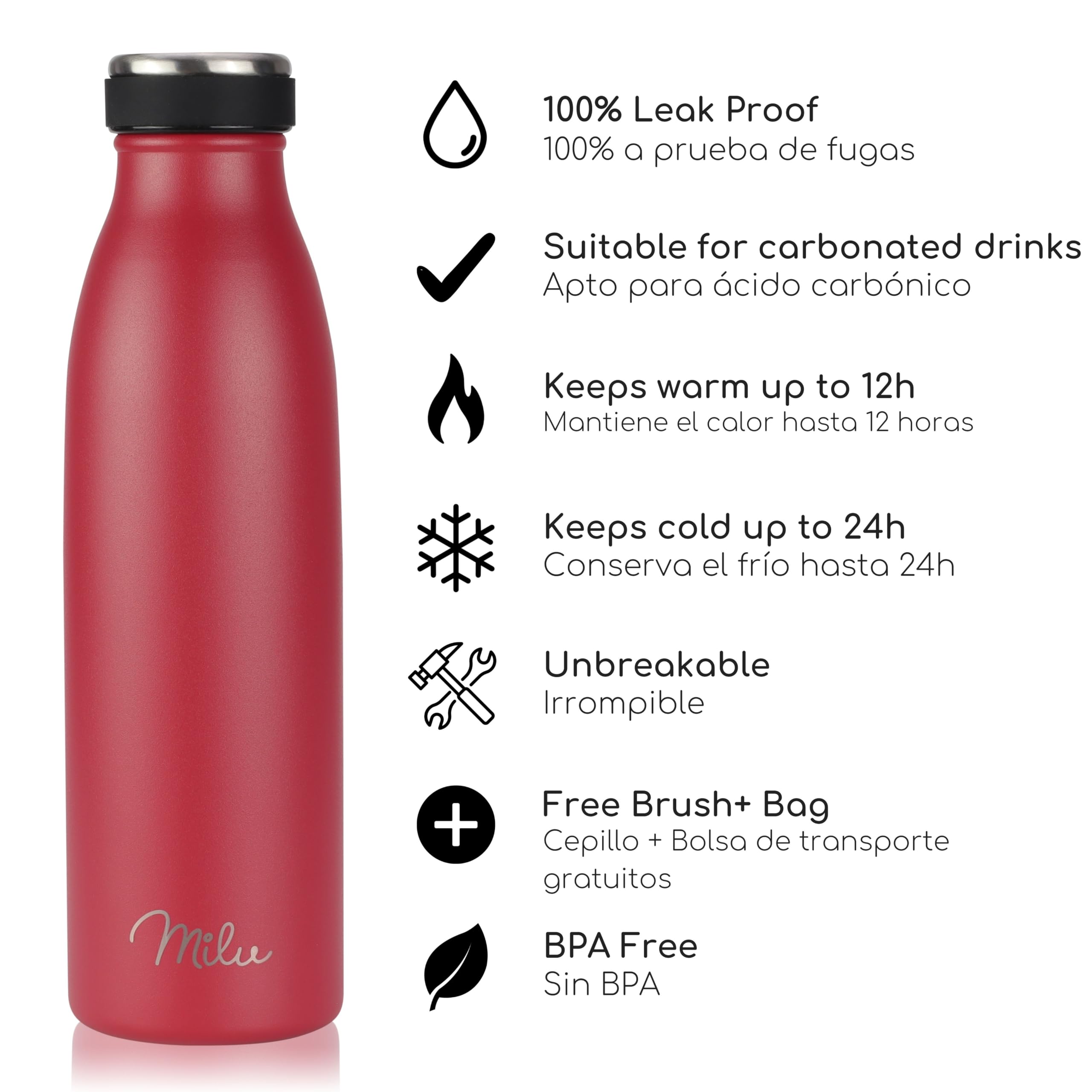 Milu Botella de acero inoxidable de 350ml 500ml 750 ml 1 L 1,5 L botella de agua aislada, termo a prueba de fugas, doble pared, apta para ácido carbónico + cepillo de limpieza (Azul Violeta, 350ml) — view 49
