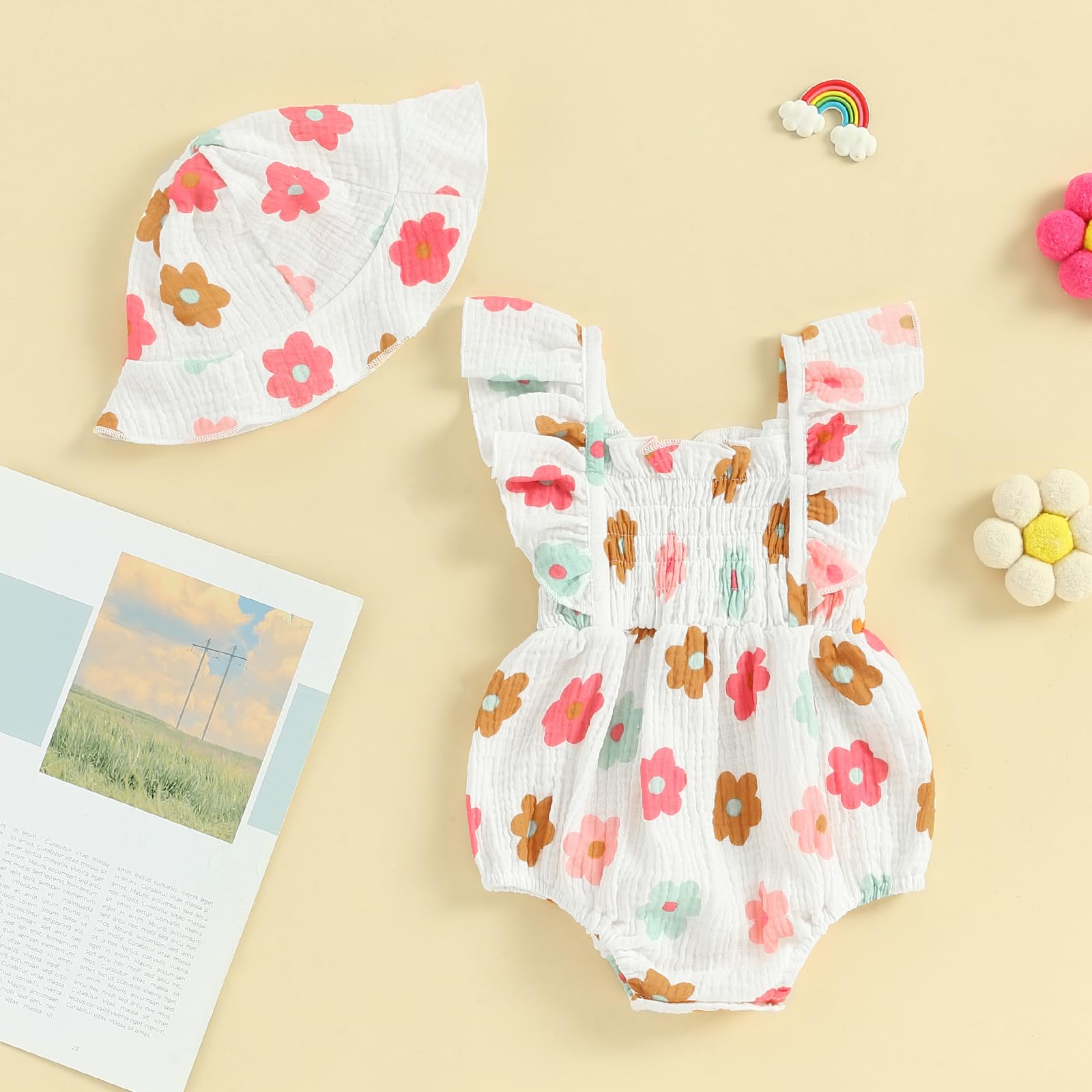Socutebabe Baby Girl Floral Romper Linen Bubble Romper Muslin Onesie Jumpsuit Boho Outfit Cute Newborn Summer Clothes (sun hat Floral Romper white, 0-3 Months)
