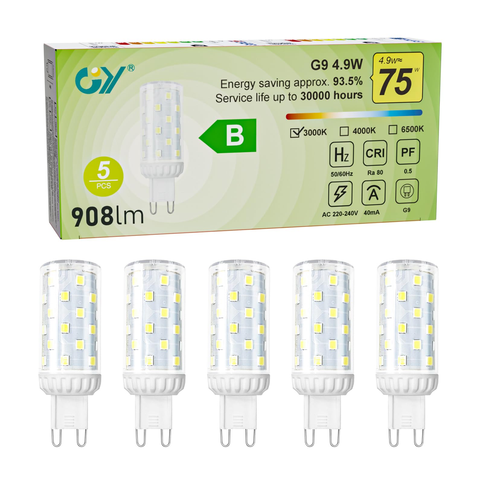 GY GY Large G9 LED Bulbs,4.9W Warm White 3000K High Energy Efficient Light Bulbs,Equivalent to 75W,908 Lumen Non-Dimmable, for Home Lighting Decor,5 Pack