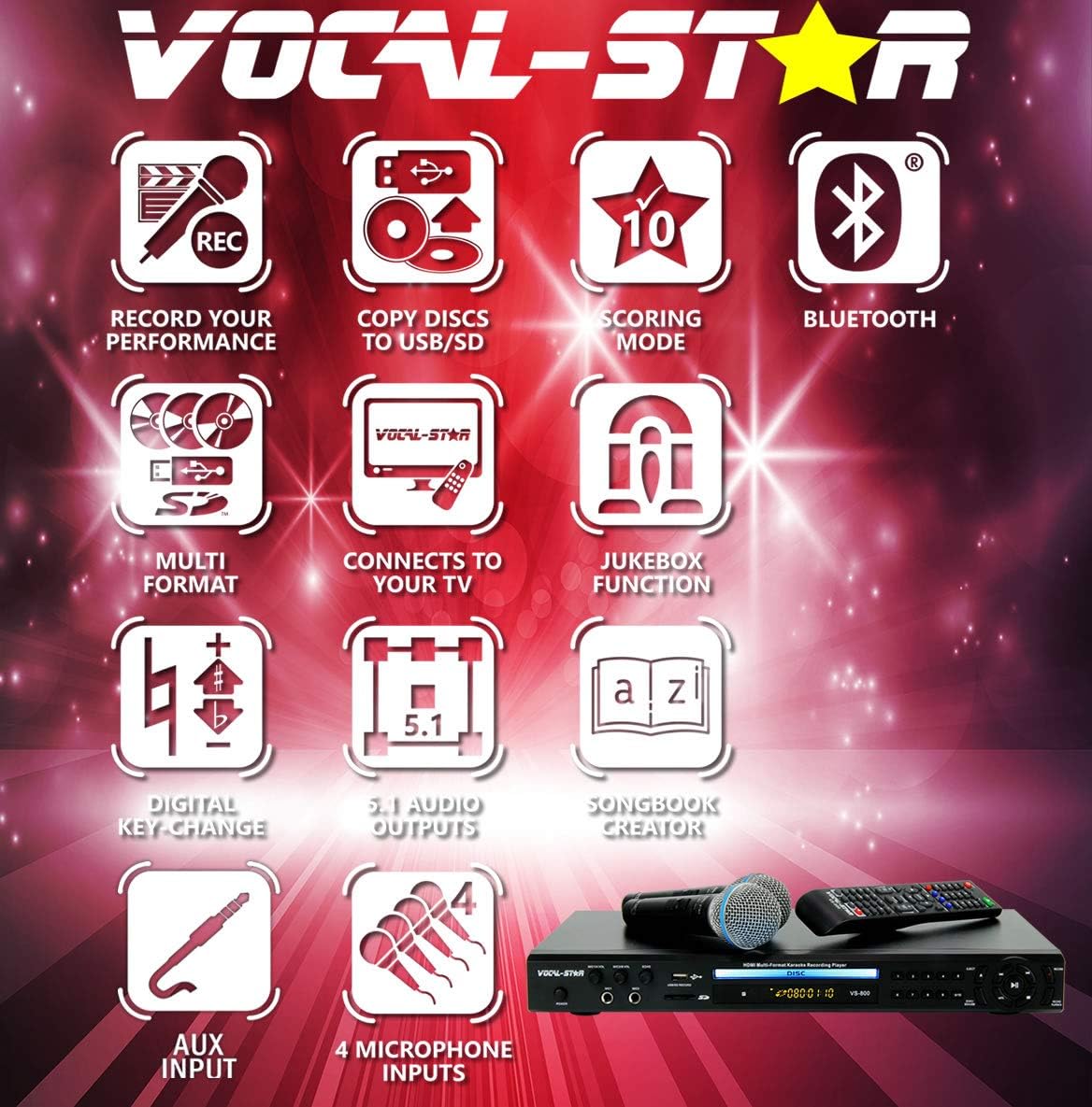 Icons representing key features of the VS-800