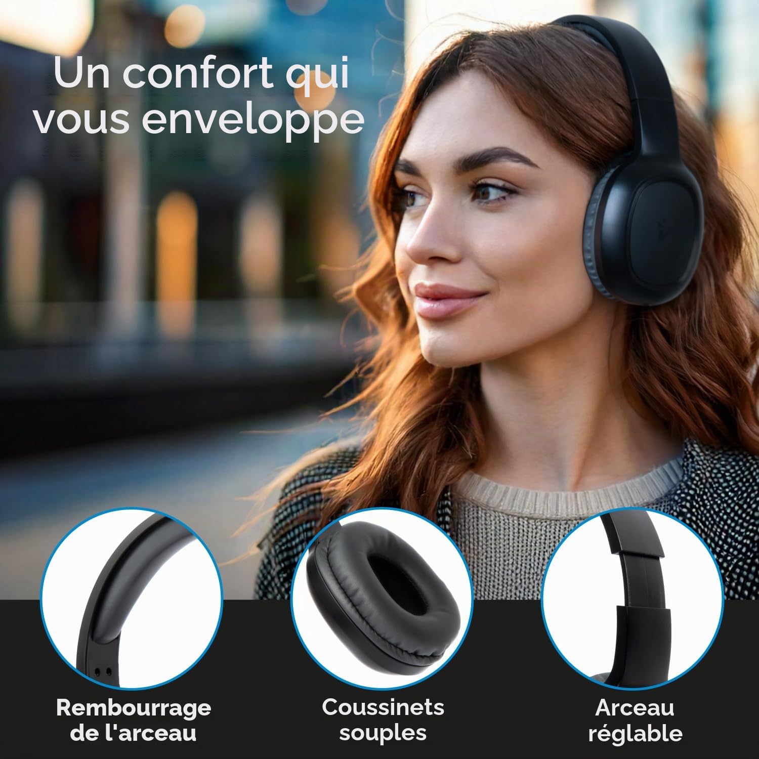 VulTech Crab2 HBT-11BK Rev. 2.1 Over Ear Wireless Bluetooth 5.3 Aux Casque avec Microphone, contrôle de Piste, Gestion des appels, Charge Type-C 12 Heures, couplage Automatique Android/iOS