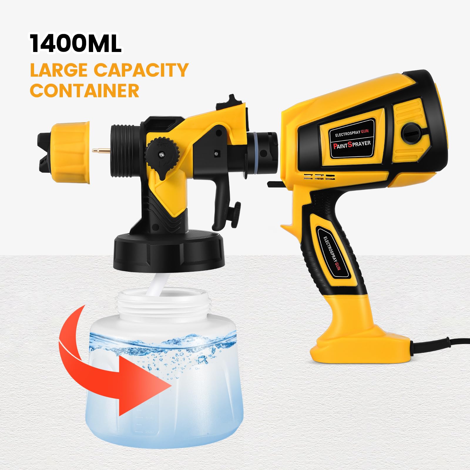 Pistolet a Peinture, 800W Pistolet a Peinture Electrique, 1400ml HVLP Pistolet Peindre avec 5 Buses et 3 Motifs, pour Meubles, Armoires, Clôture, Plafonds, Murs, Porte, Jaune