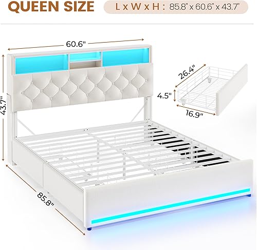 Miniatura 2 de BTHFST Base de cama Queen con 4 cajones y cabecera de almacenamiento, marco de cama LED tamaño Queen con estación de carga, cama tapizada de