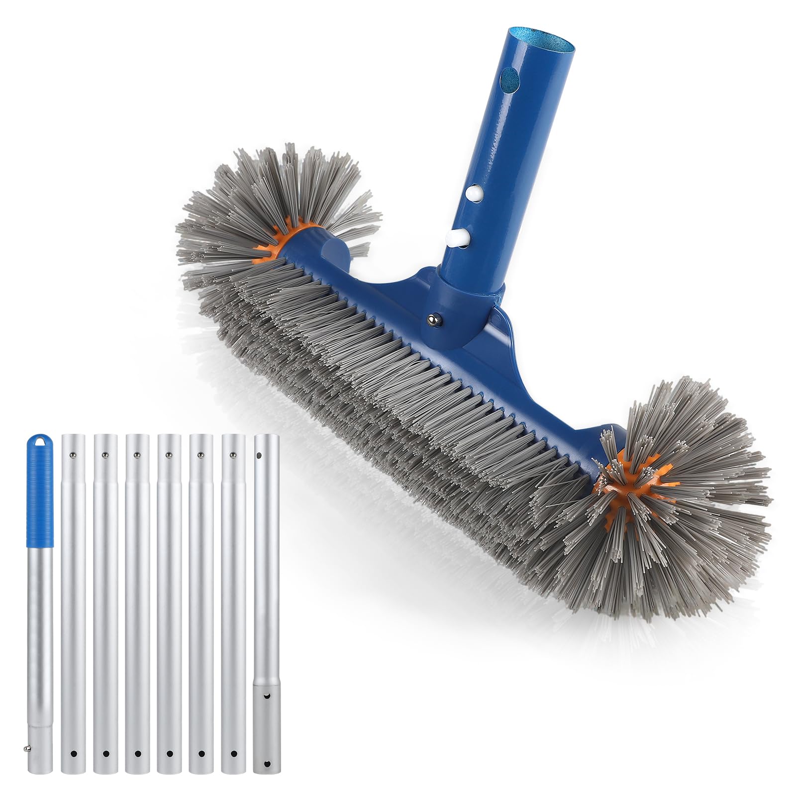 EFUTURETIME 32cm Brosse Piscine Ronde avec 2,7m Manche Telescopique Aluminium pour Liner, Balai Piscine Détachable Brosse Piscine Fond Robustes pour Fibre de Verre, Salles de Bain, Marches de Piscine
