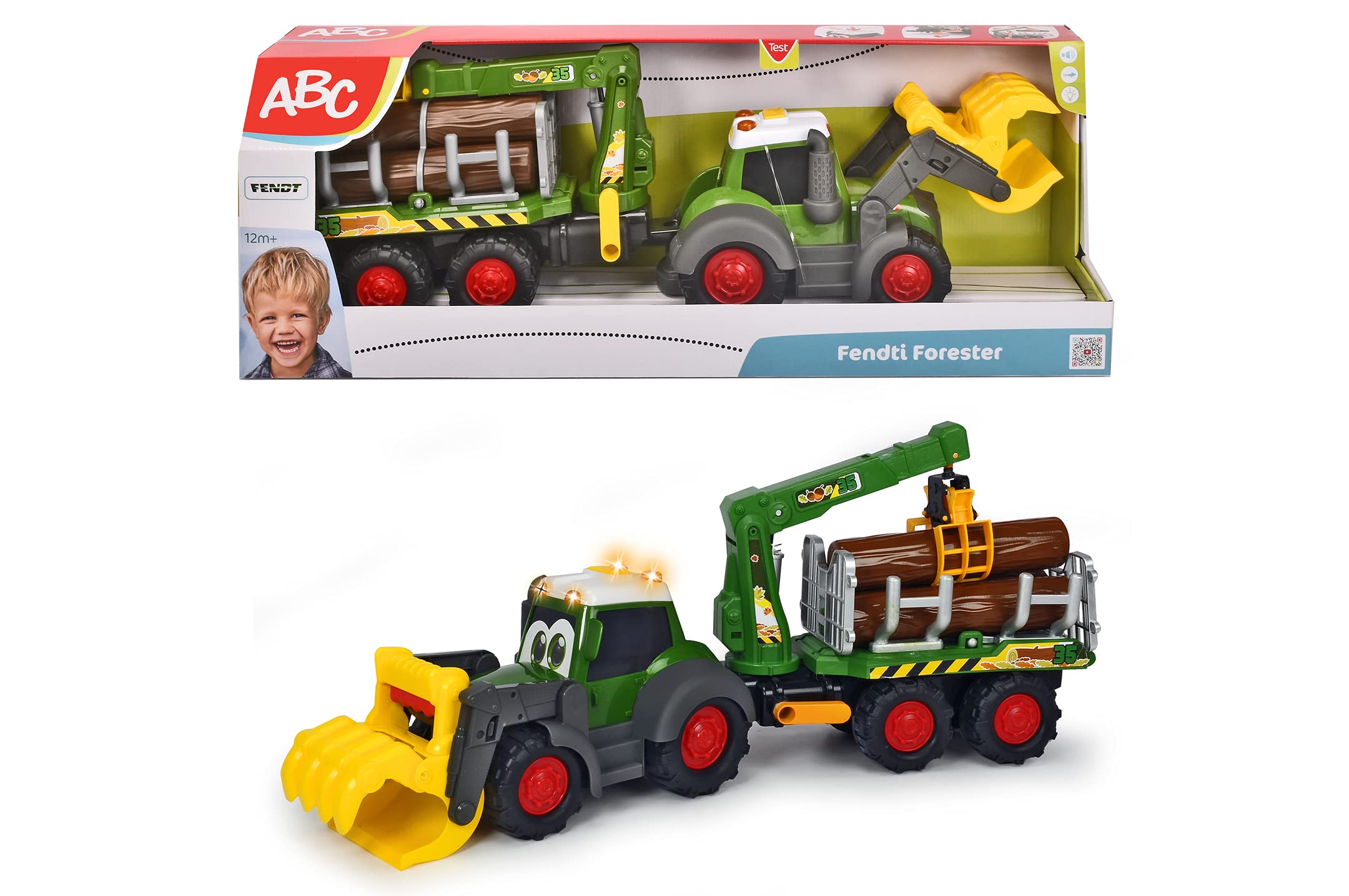 Dickie Toys ABC - Tractor Forestal de Juguete 65cm Fendt con Remolque, Brazo articulado con función de Pinza Manual, Pala móvil, luz y Sonido, Adecuado para niños a Partir de 1 año (204119001)