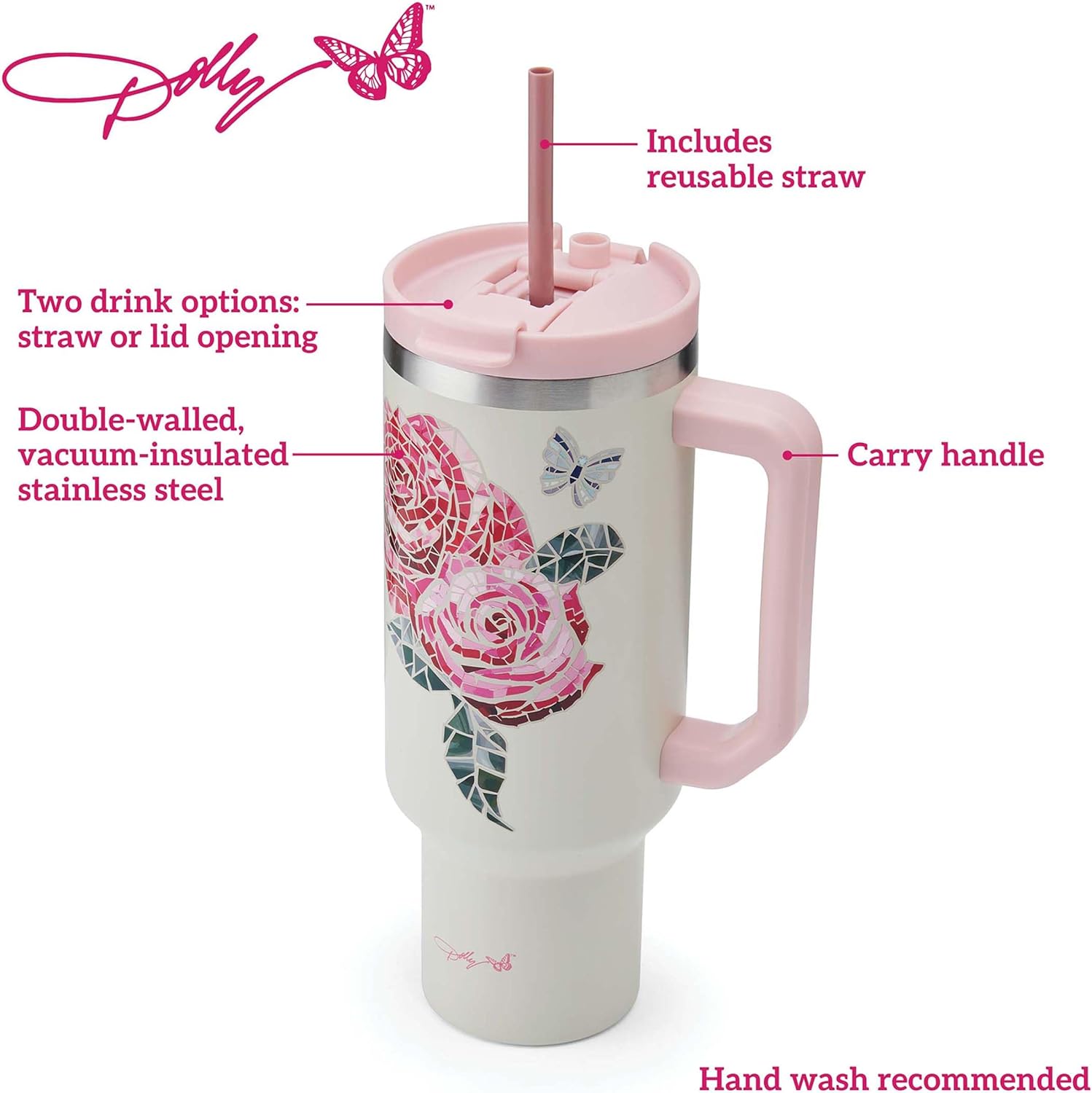 Dolly Parton Tumbler With Handle, Double Wall Vacuum Insulated Stainless Steel With Straw Lid, Cold For Up To 24 Hours Or Hot For Up To 8 Hours, 40 Ounce, Pink Jewel - Image 3