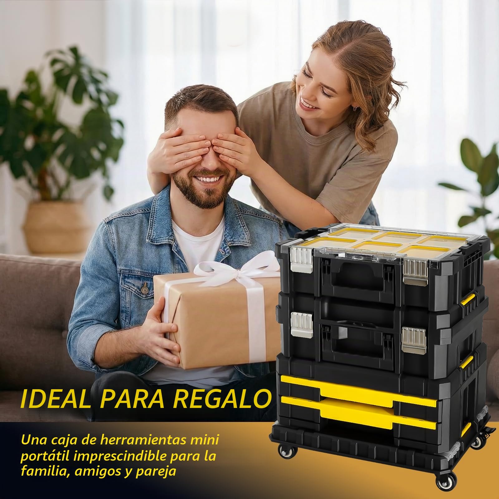 Caja de Herramienta 4 en 1, Carro Modular de Apilamiento con Ruedas, Cajones y Cierres de metal, Organizador de Taller para garaje y hogar, Carga 203kg, 44,5 x 35 x 52 cm