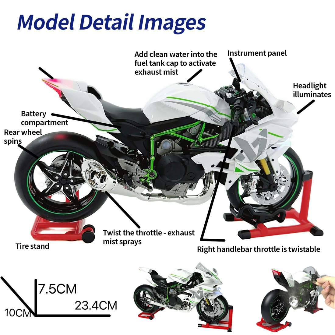 Modello di moto, scala 1:9, H2, in lega, dinamico, simulazione di scarico, nebbia d'acqua, modello meccanico da esposizione, modello di moto da collezione con parti mobili