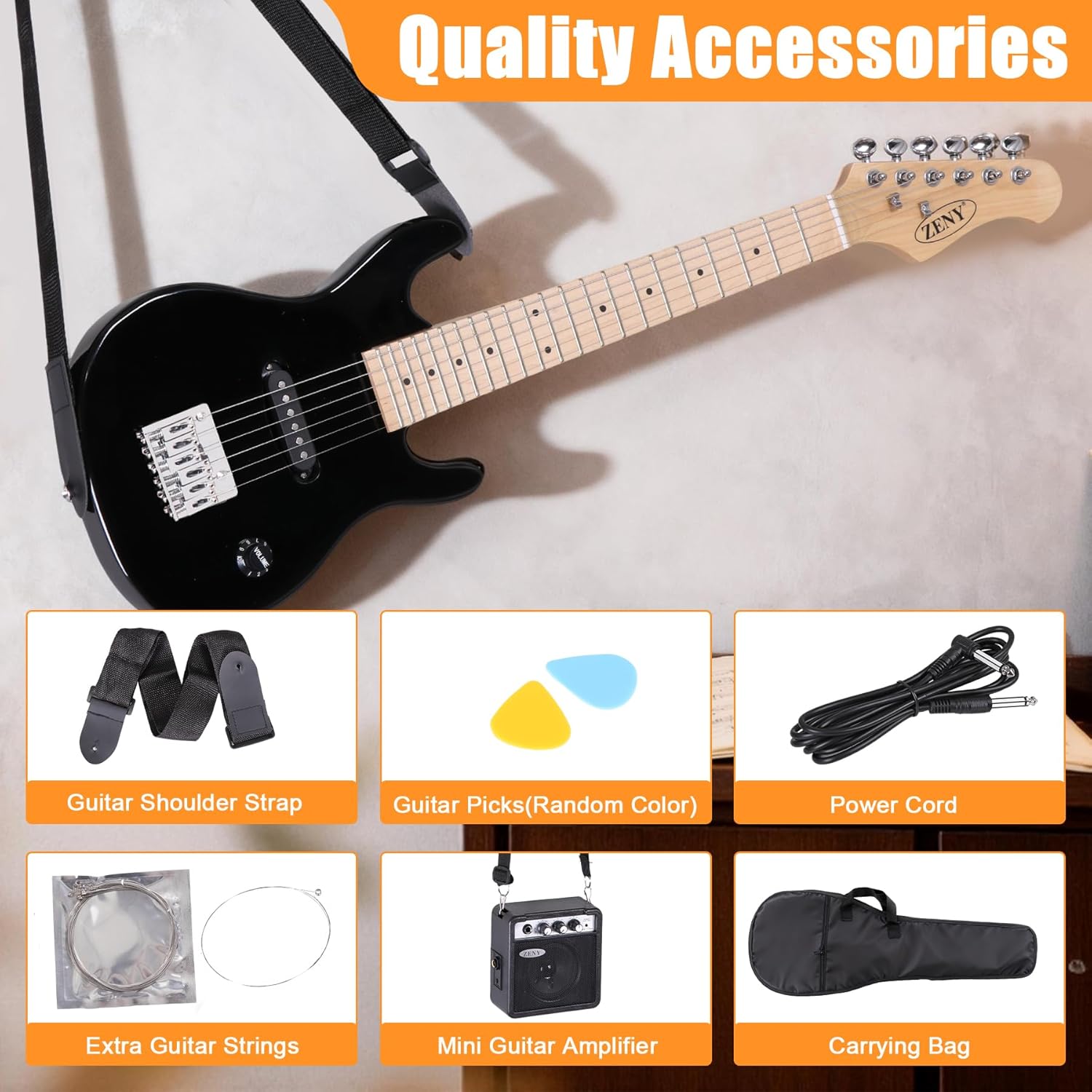 ZENY 30 inch Kids Electric Guitar with 5w Amp, Gig Bag, Strap, Cable, Strings and Picks Guitar Combo Accessory Kit (Black)