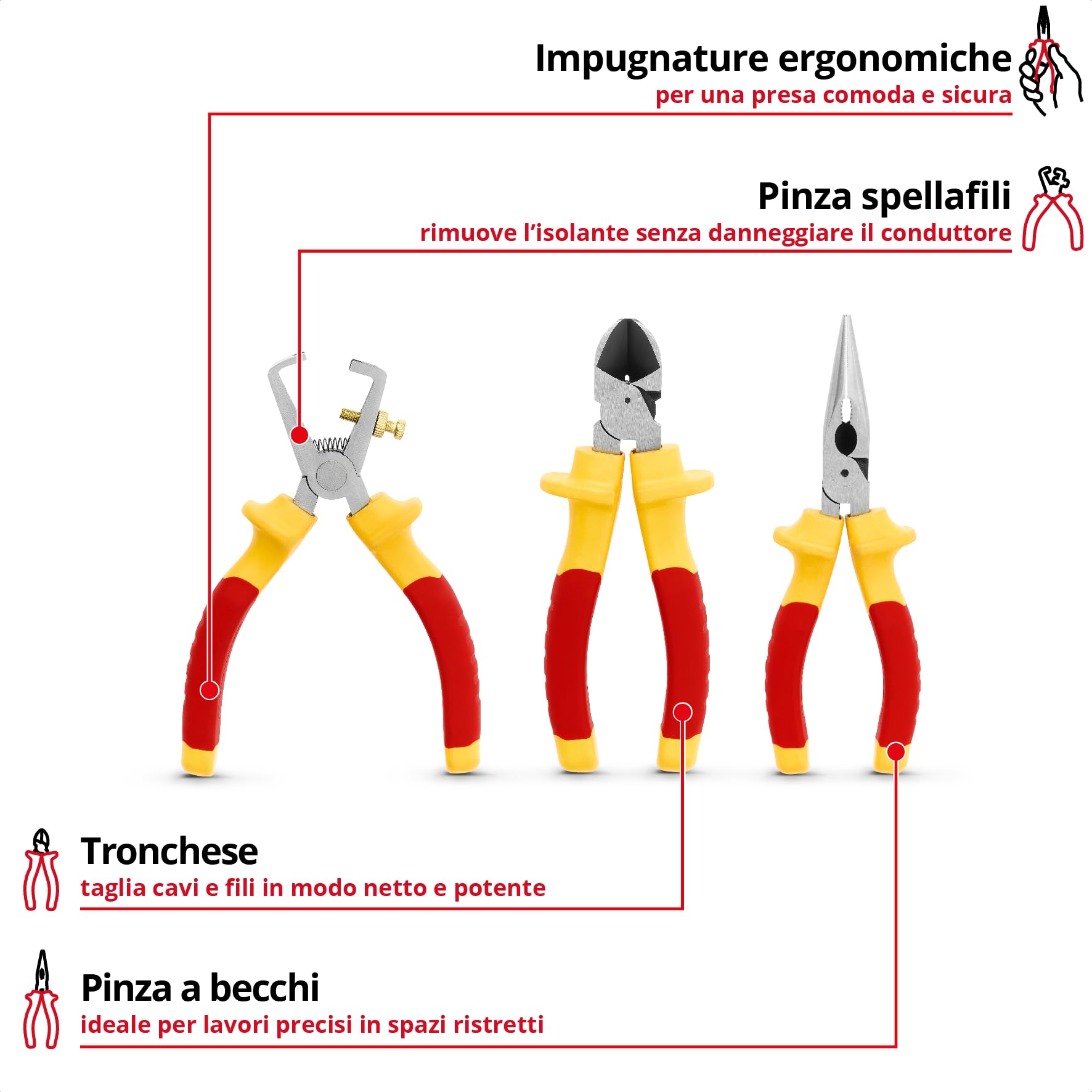Einhell 3 pezzi set di pinze per elettricisti | Isolamento fino a 1.000 V | tronchese laterale | pinza spelafili | pinza telefonica | impugnature ergonomiche