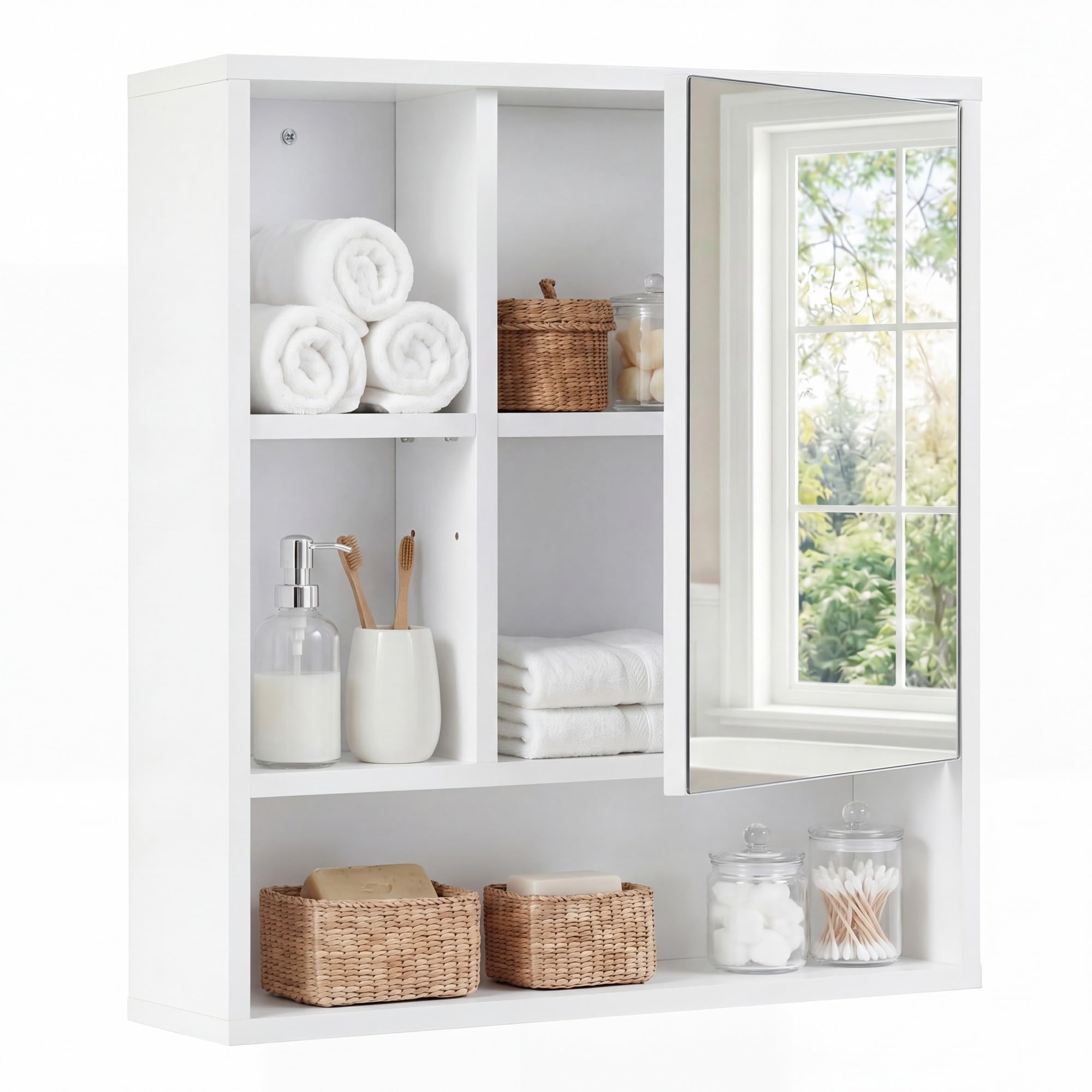 LIFEZEAL Armadietto da Parete per Bagno con Specchio, Mobile per Bagno con Mensola Regolabile e Rimovibile, Scomparto Aperto, Porta a Specchio, per Soggiorno, Ingresso, 55 x 16 x 61 cm (Bianco)