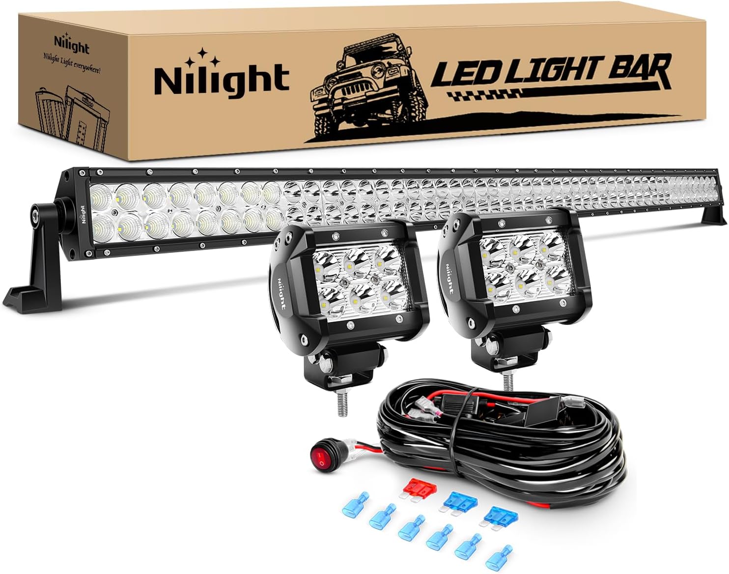 Nilight - ZH023 52Inch Spot Flood Combo Led Light Bar 2PCS 4Inch 18W Spot LED Fog Lights With Off Road Wiring Harness- 3 Leads